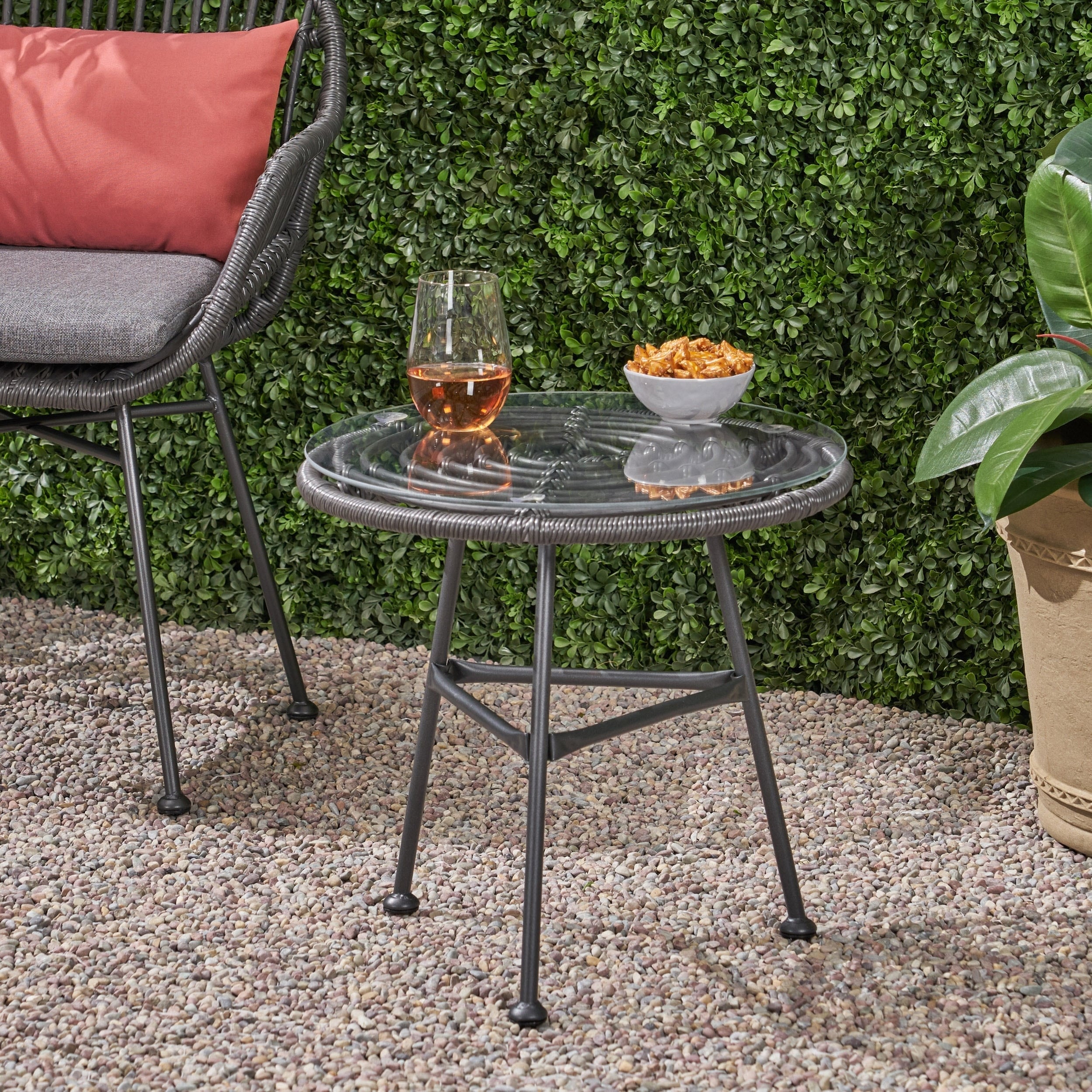 Christopher Knight Home Orlando Woven Faux Rattan Steel Outdoor Side Table With Glass Top