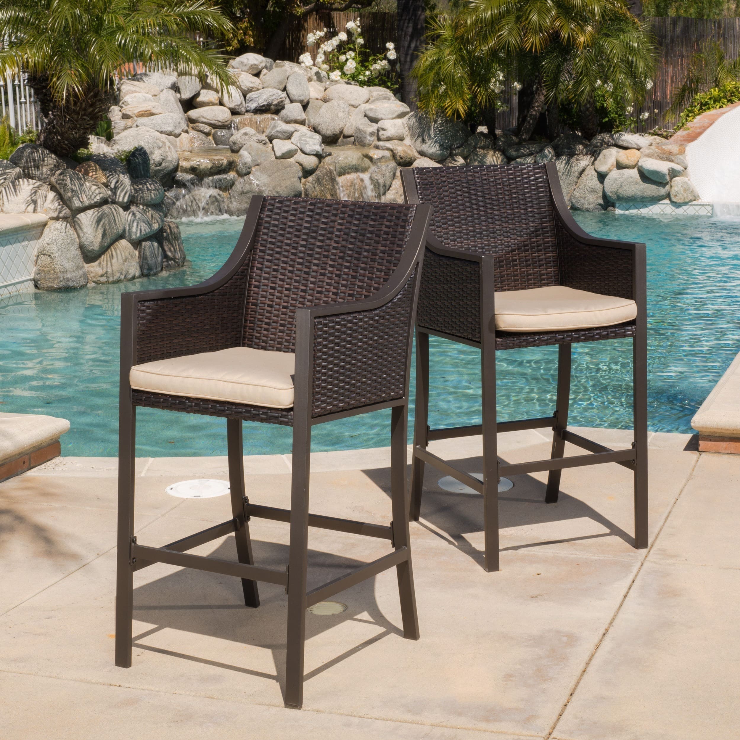 Riga Outdoor Wicker Barstool With Cushion Set Of 2 By Christopher Knight Home