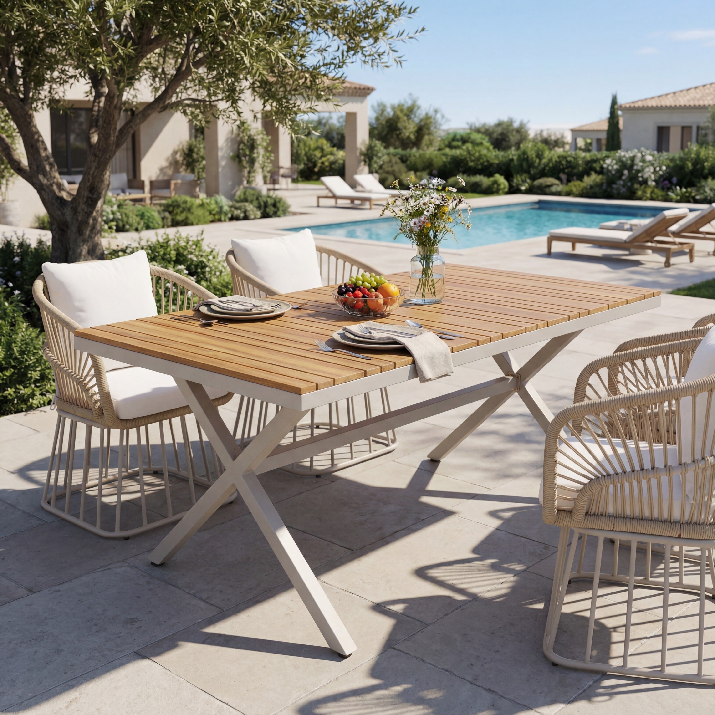 Christopher Knight Home Thalric Patio Acacia Wood Top And Steel Frame Rectangular Dining Table