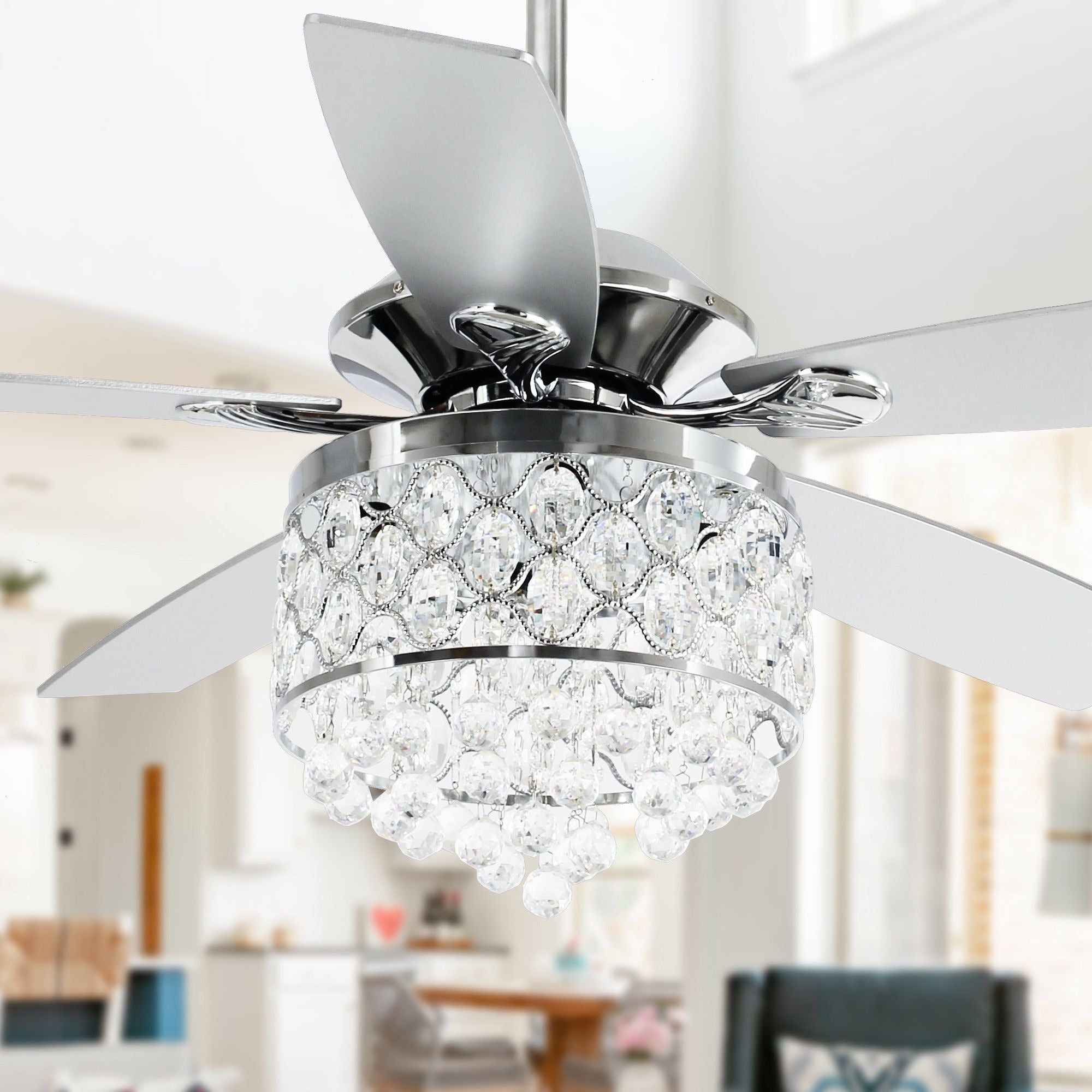 Chrome 4 Light Chandelier Crystal 5 Blade Ceiling Fan With Remote