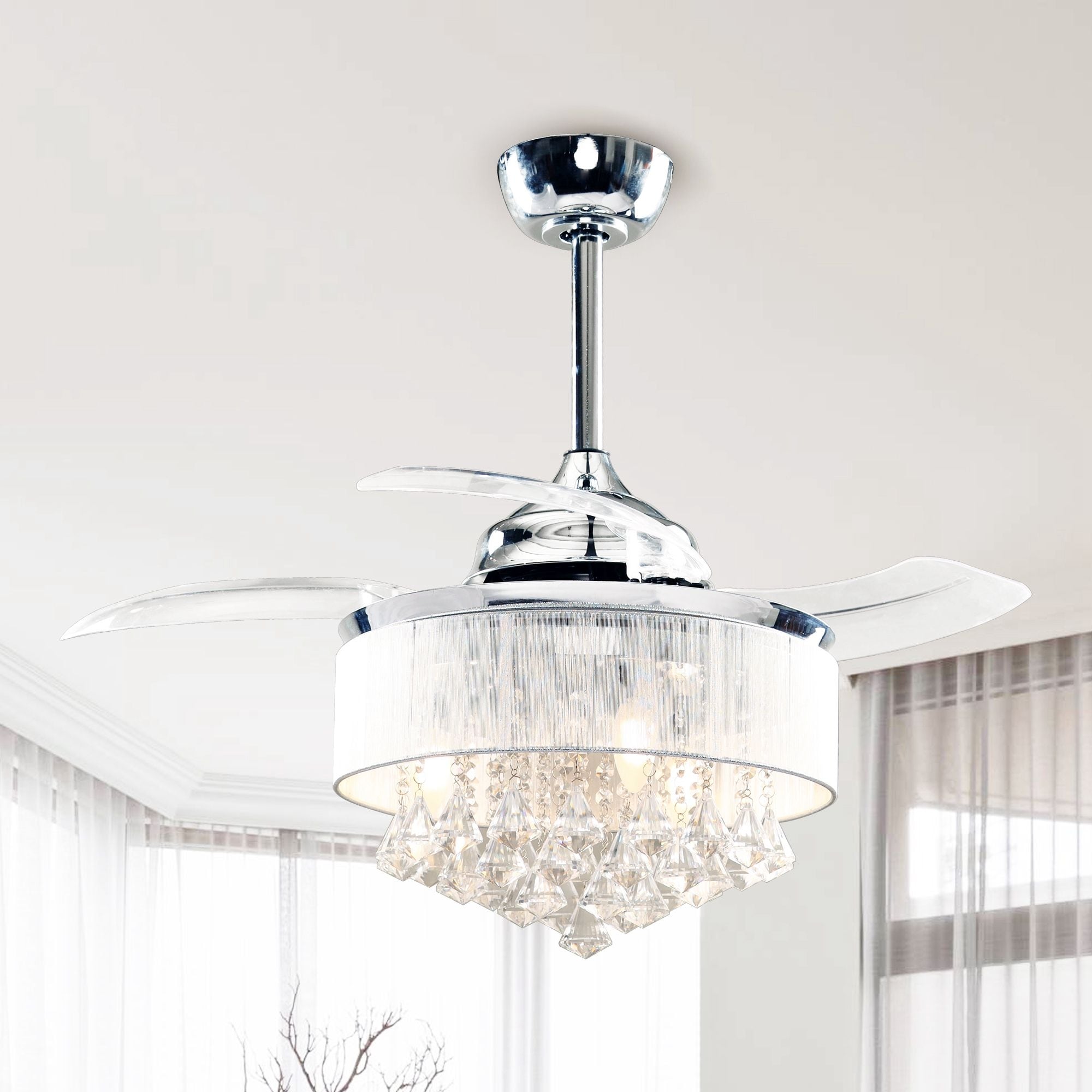 Modern Chrome Crystal Ceiling Fan 3 Light Chandelier N A