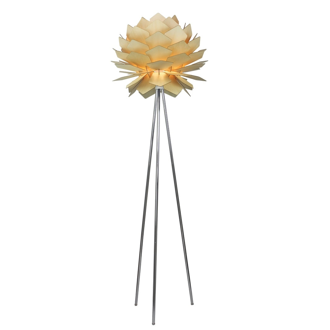 Chrome Metal Base Floor Lamp With Wood Shade