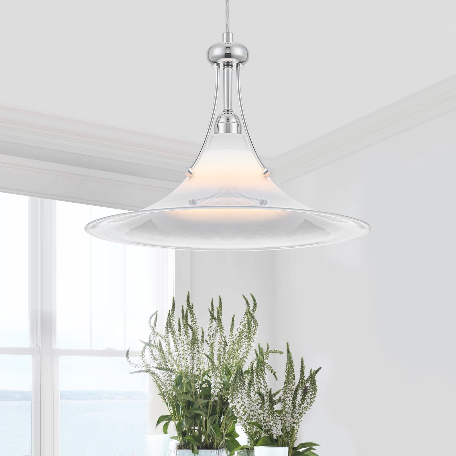 Chrome Trumpet Clear Glass Pendant Light Modern Hanging Fixture Dia.15.55 In