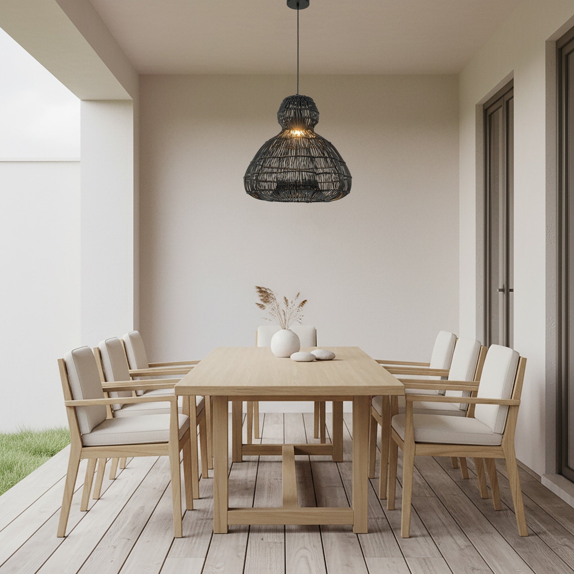 Ciel 1 Light Wicker Outdoor Pendant Light Coastal Boho Style Scalloped Handwoven