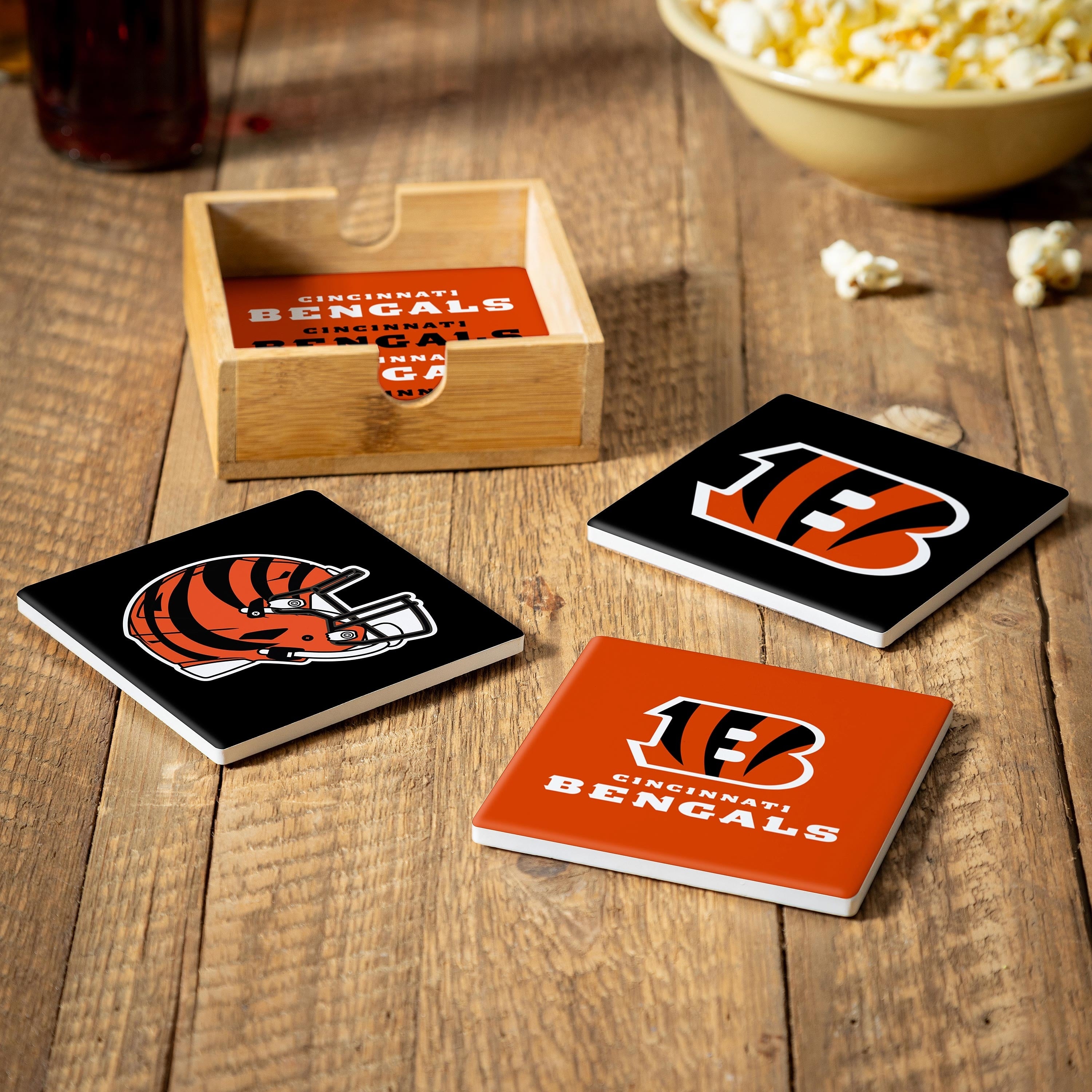 Cincinnati Bengals 4 Piece Ceramic Coasters Set With Wood Caddy
