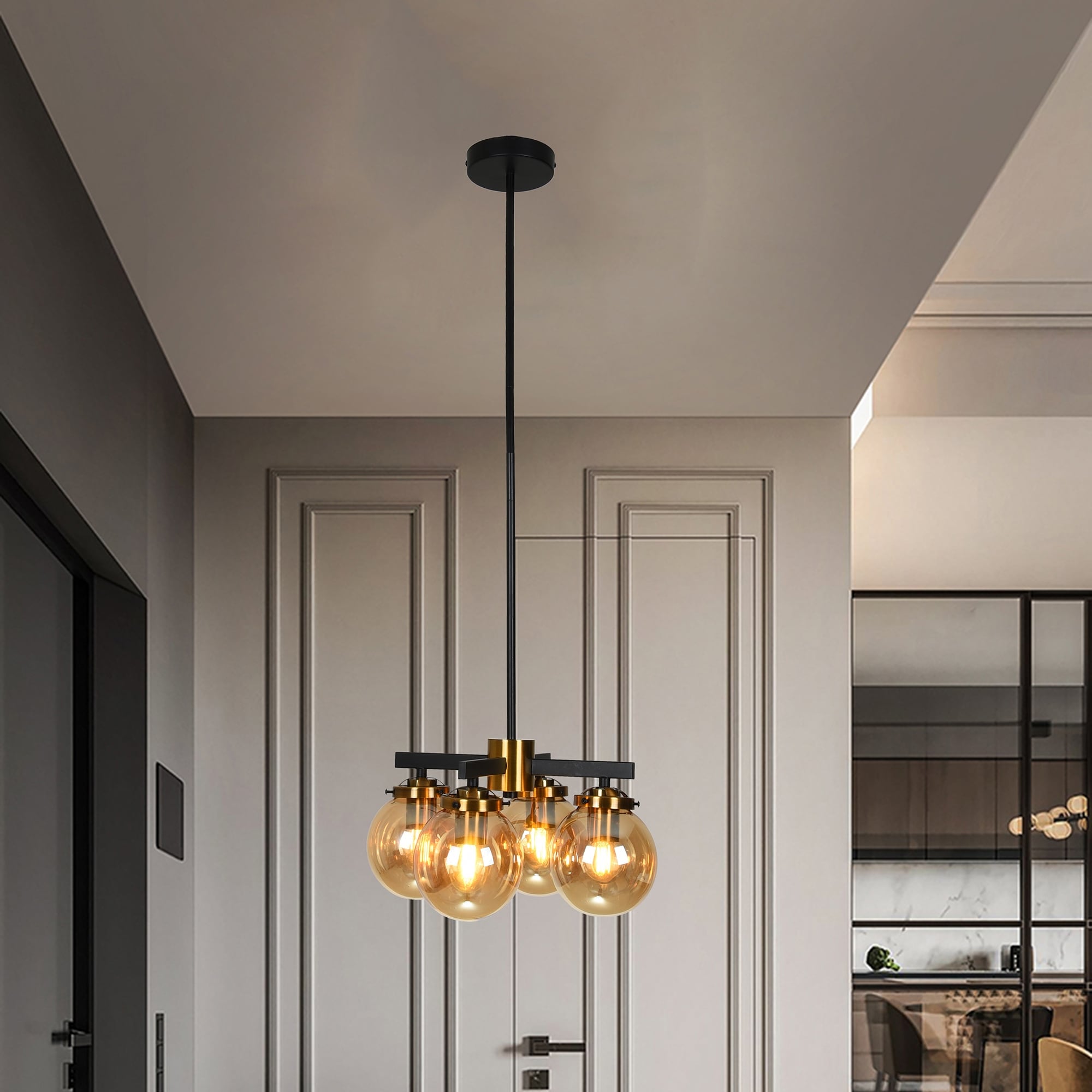 Cindar Black Antique Brass 4 Light Clear Glass Shades Chandelier