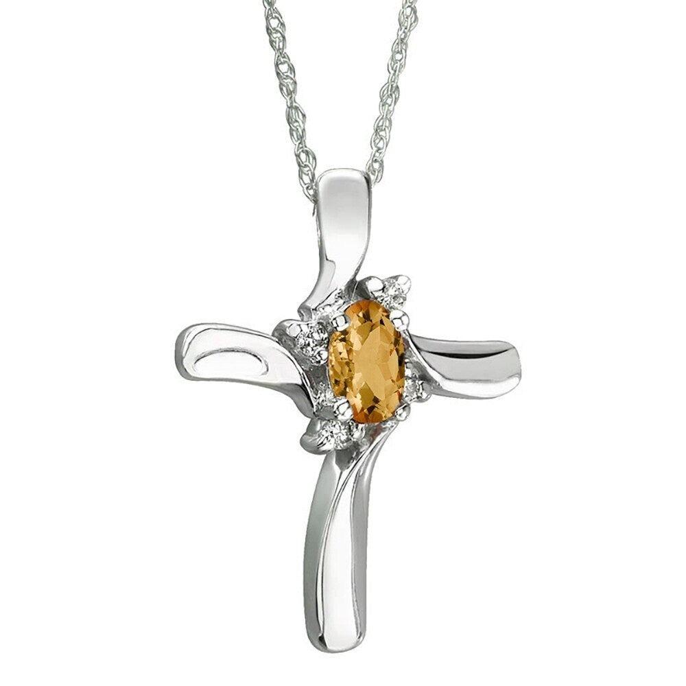 Citrine Cross Diamond Pendant 10K White Gold