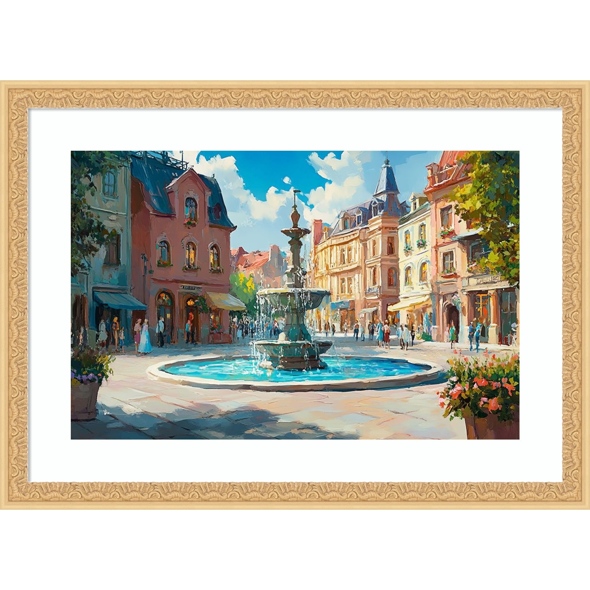 City Gathering Water Fountain By Tradelink Inhouse Artist Wood Framed Wall Art Print Bethany Gold