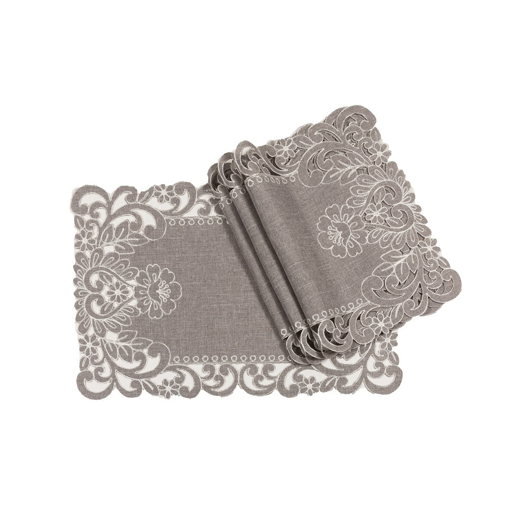 Claire Floral Embroidered Cutwork Placemats 14 By 20 Inch Set Of 4 Grey