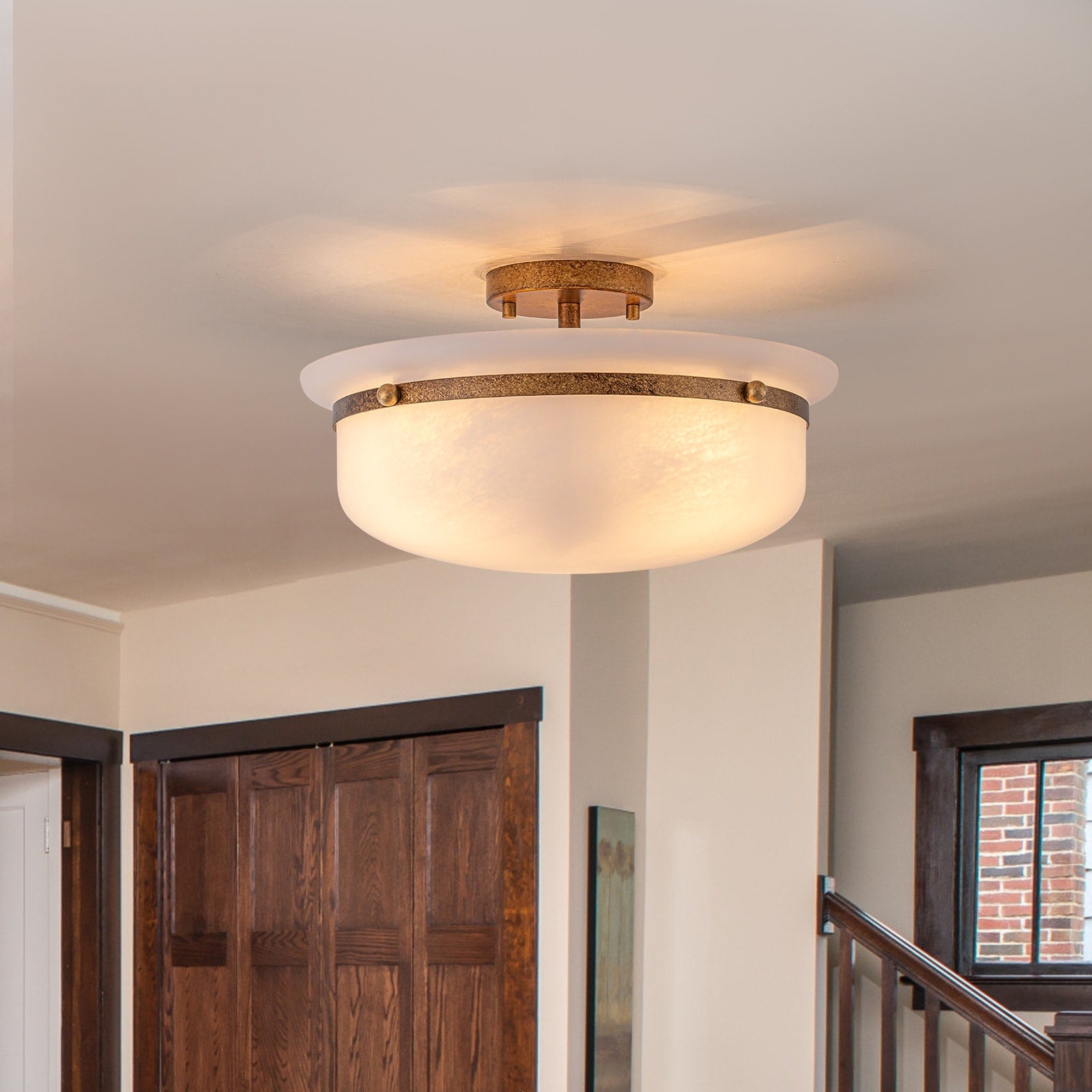 Classic 3 Light 15 Semi Flush Mount Ceiling Light With Alabaster Style Glass Lampshade