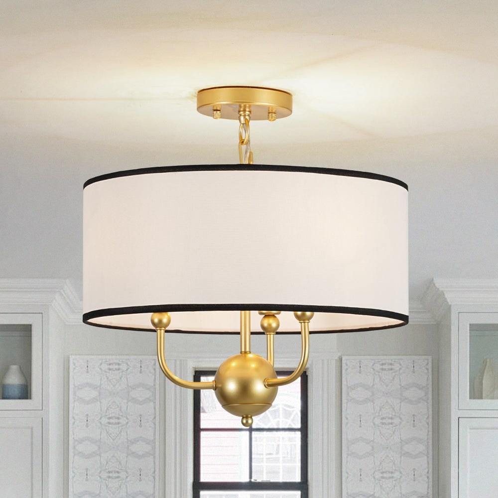 Classic 3 Light Black Edge Linen Drum Pendant 15.7 In