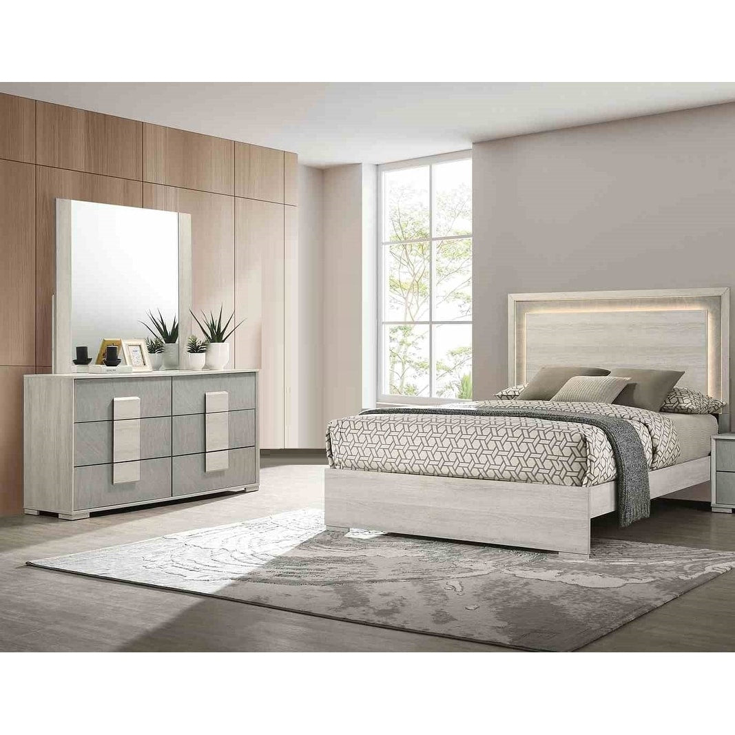 Classic 3Pc Led Wooden Bedroom Set Off White Finish