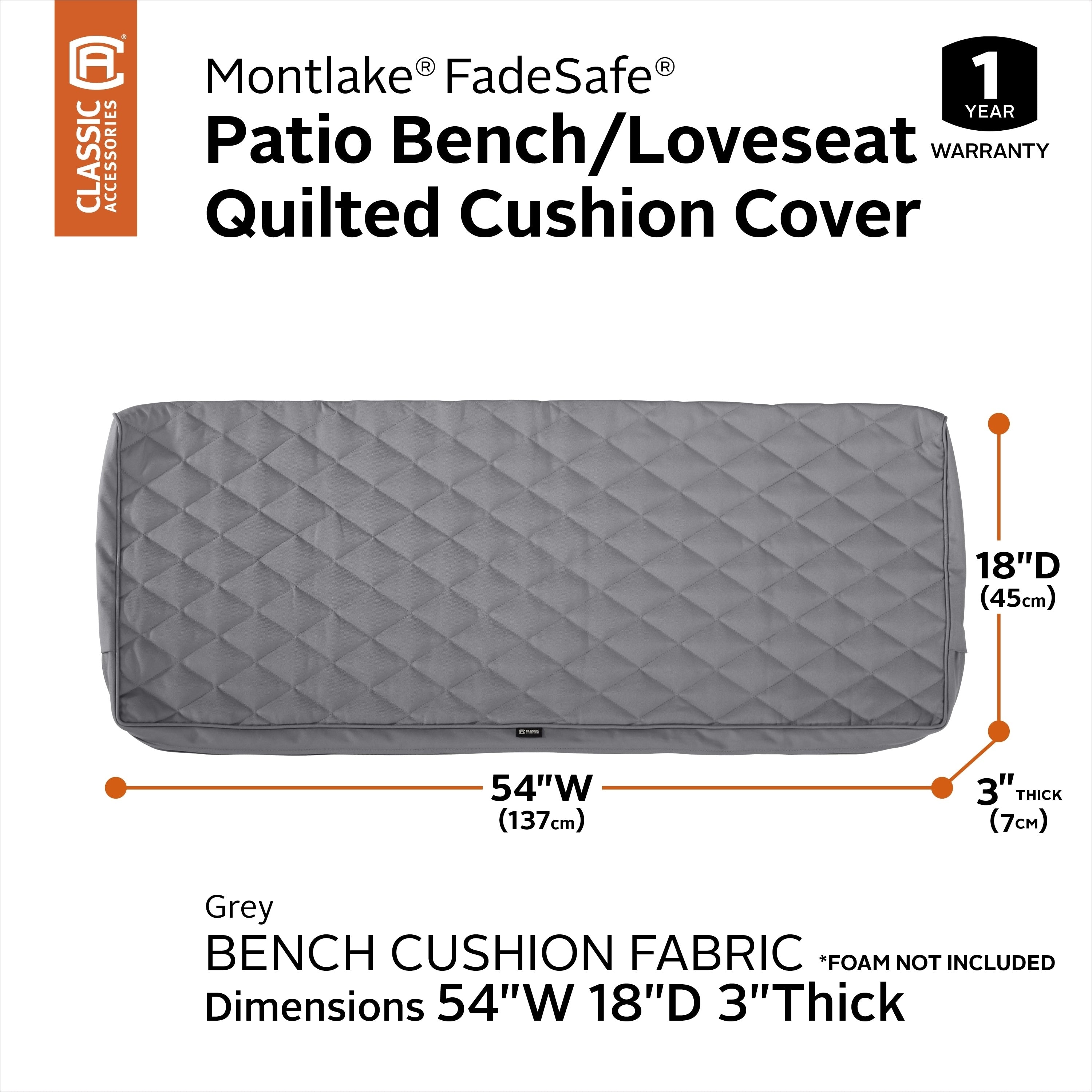 Classic Accessories Montlake Fadesafe Rectangle Settee Bench Seat Quilted Lounge Cushion Cover Grey