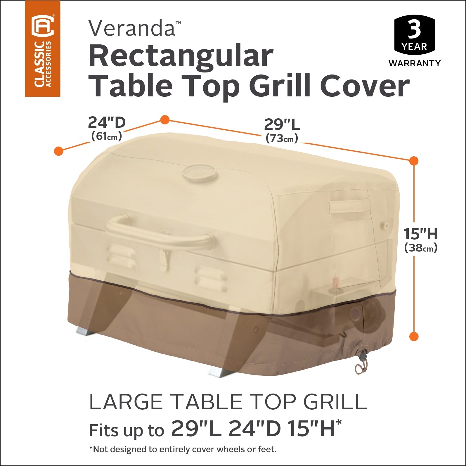 Classic Accessories Veranda Water Resistant 29 Inch Rectangular Table Top Grill Cover