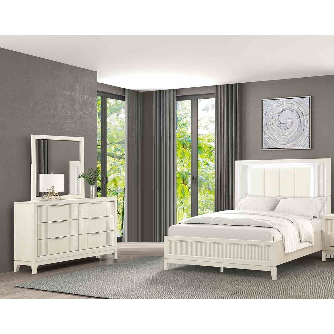 Classic Antique White Finish Led Bed Dresser Mirror Solid Wood Bedroom Set