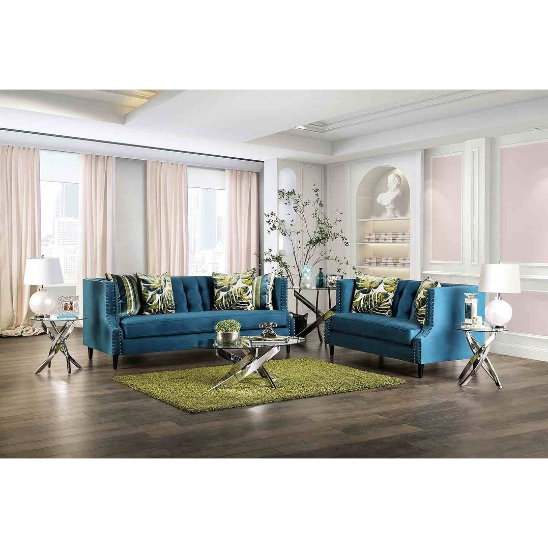 Classic Dark Teal Finish Button Tufted Sofa Set 2Pc Nailhead Trim Solid Wood