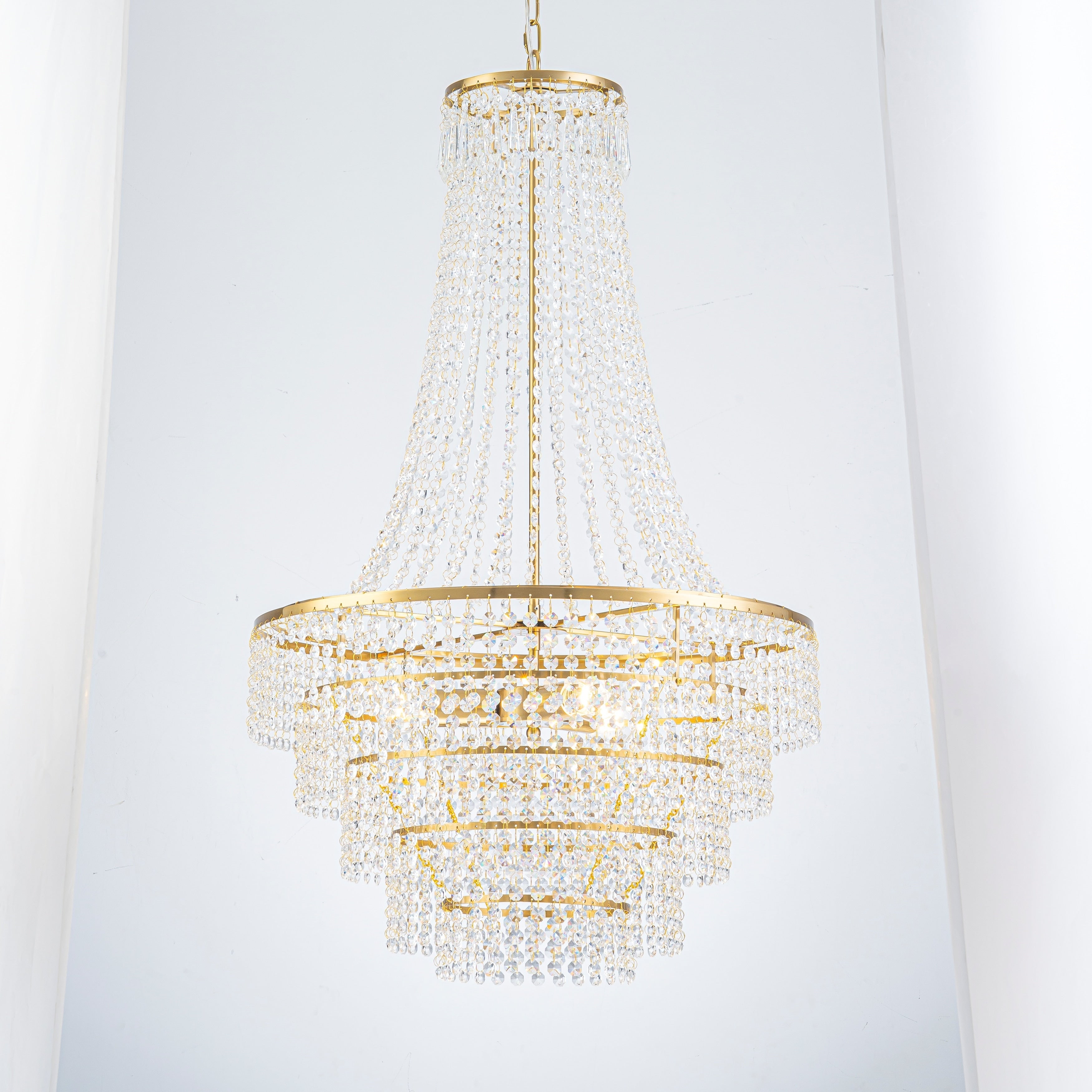 Classic Empire Crystal Beaded 3 Light Brass Chandelier For Living Room Dining Area 23.62 In. Dia X 37.01 In. H