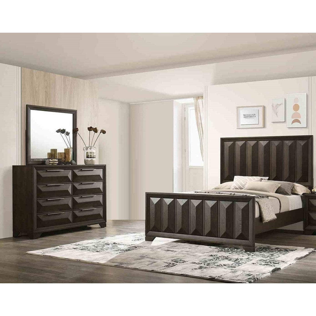 Classic Espresso Finish Bed Dresser Mirror 3Pc Bedroom Furniture Set