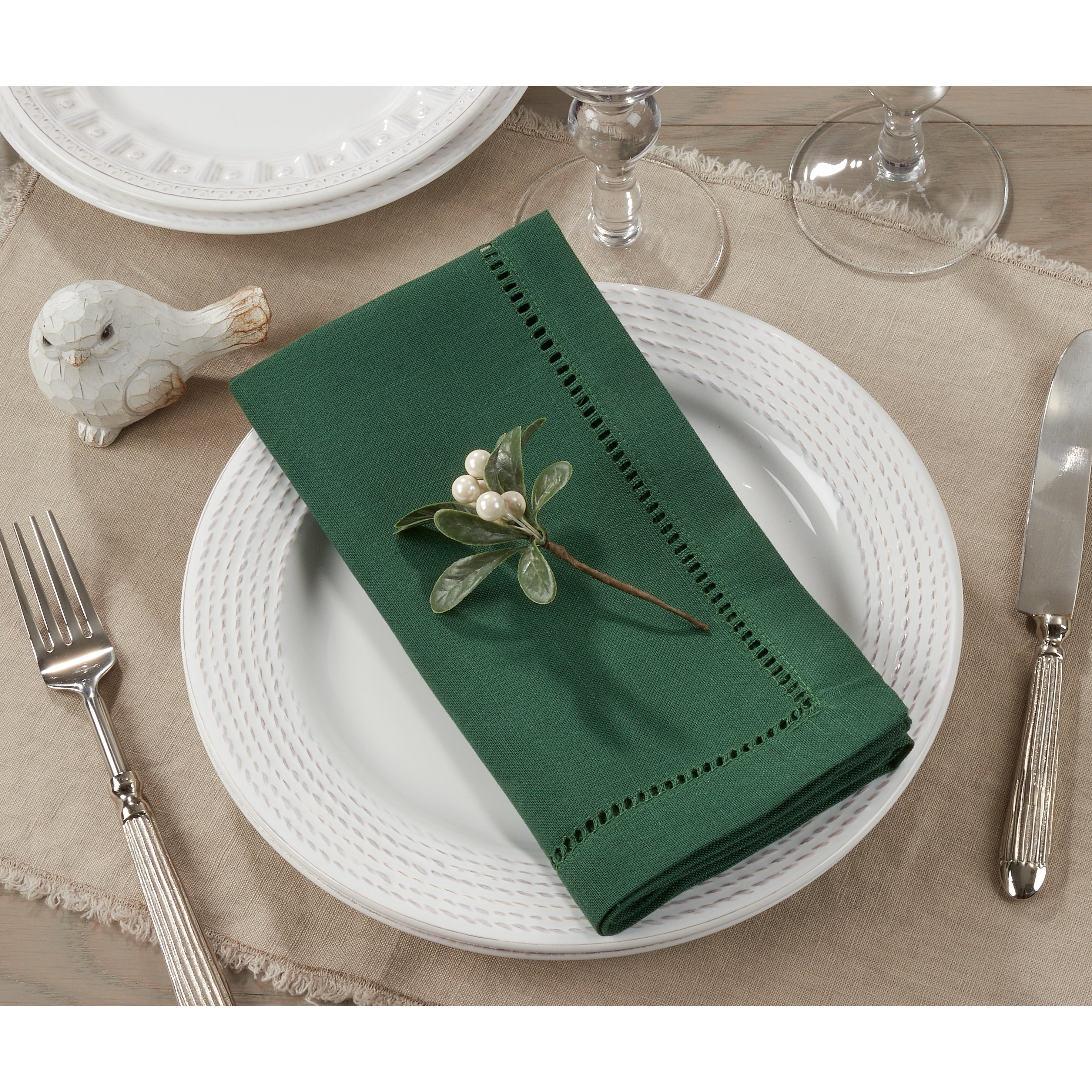 Saro Lifestyle Jasper Green Classic Hemstitch Border Cocktail Napkin Set Of 12