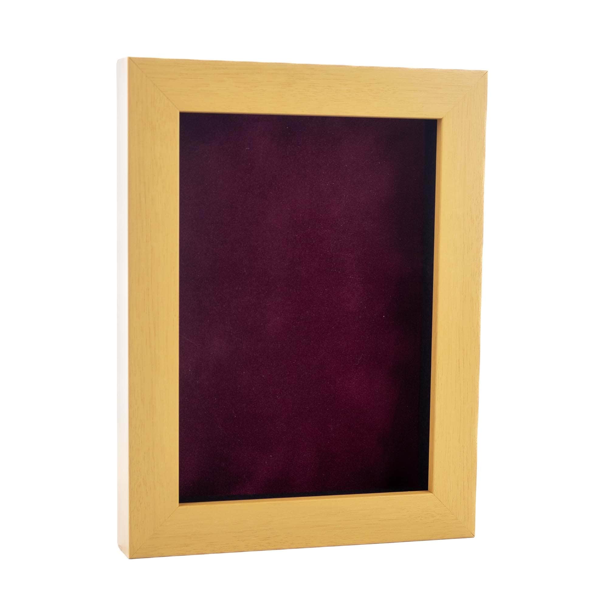 Classic Natural Wood Shadow Box Frame With Acrylic Front Dark Red Suede Backing 30 Sizes