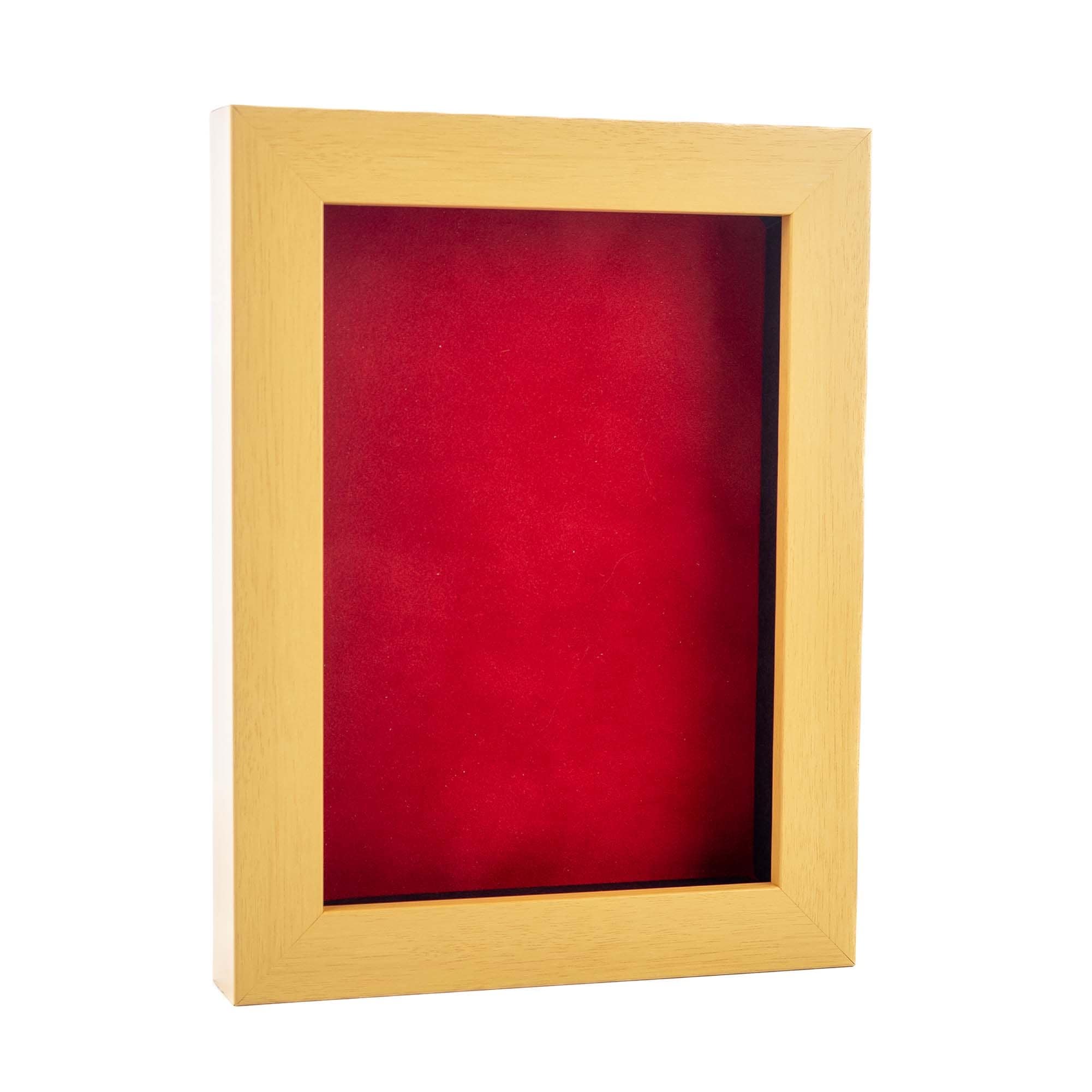 Classic Natural Wood Shadow Box Frame With Acrylic Front Red Suede Backing 30 Sizes