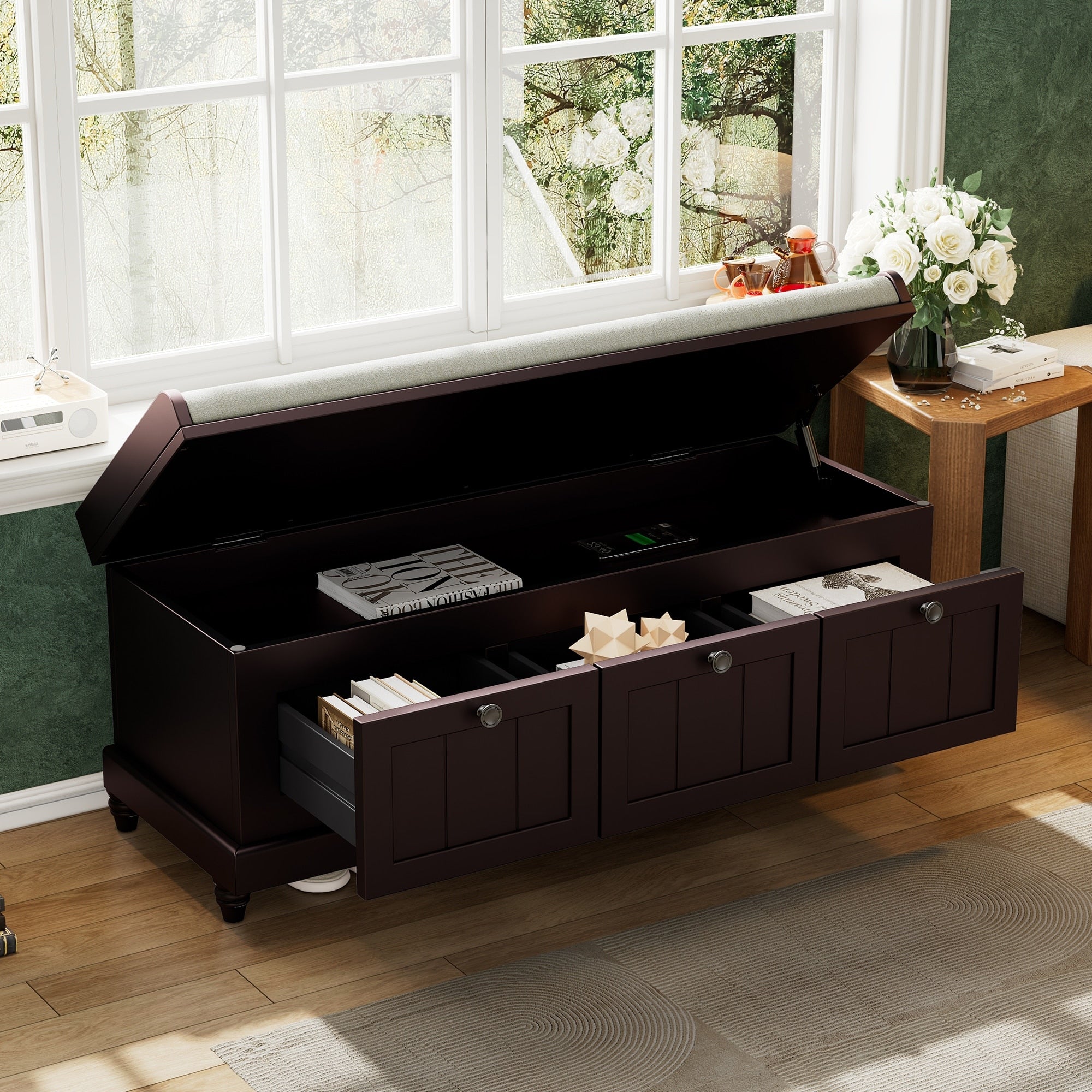 Classic Shoe Bench With Cushion And 3 Drawers Entryway Bench Corridor Bench Window Bench Espresso Vanity Bench