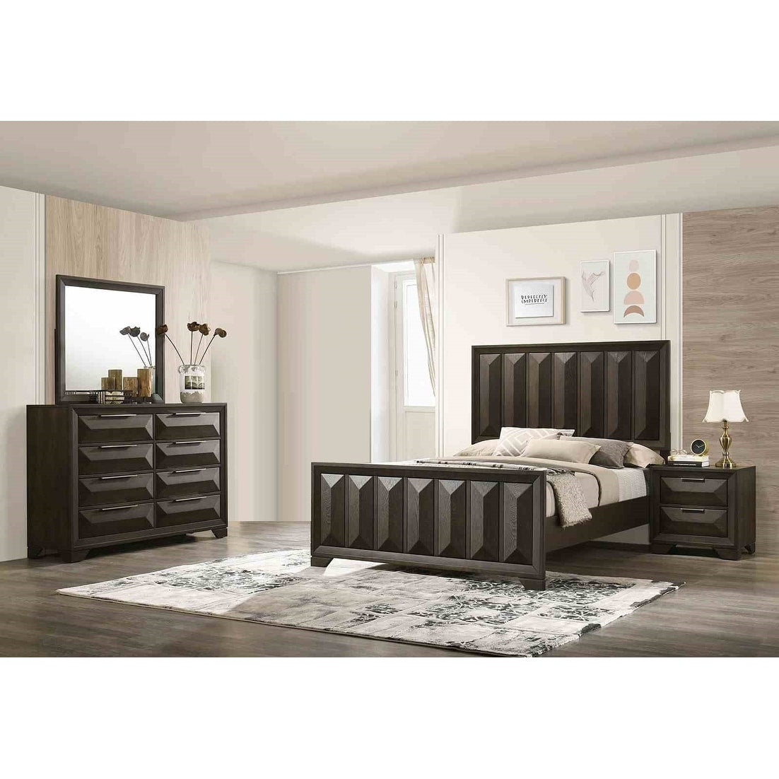 Classic Transitional Espresso Finish 4Pc Bedroom Furniture Set Bed Dresser Nightstand Mirror