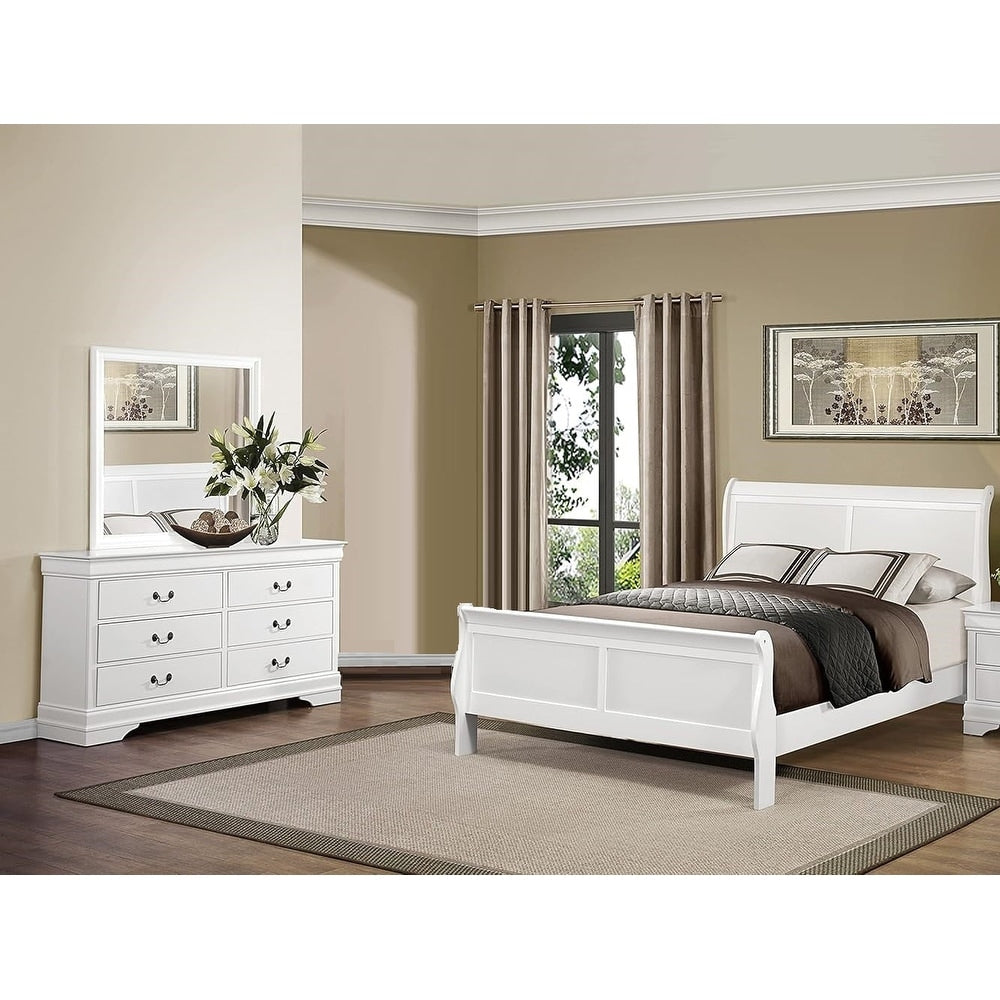 Classic White Bed Dresser Mirror 3Pc Solid Wood Bedroom Set