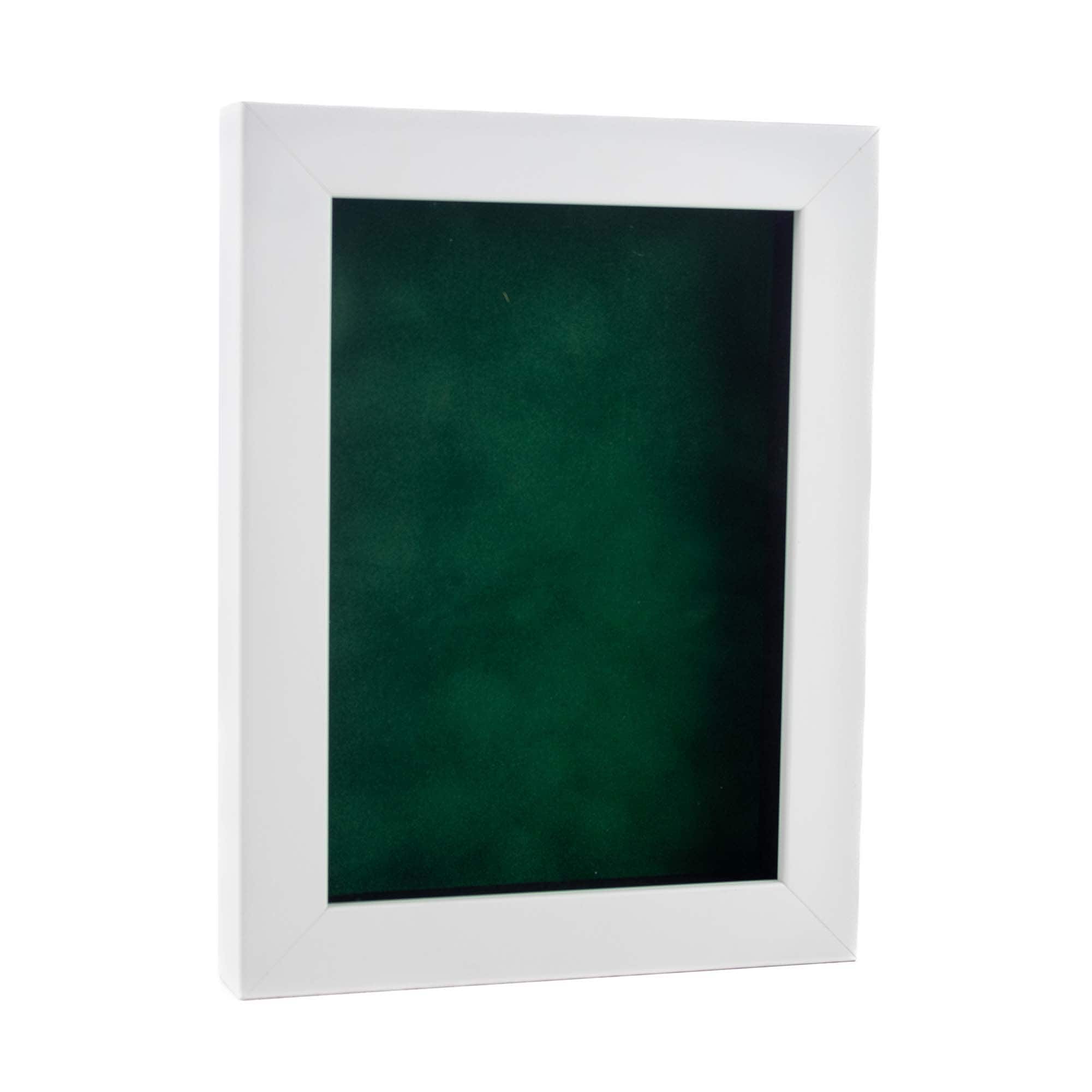 Classic White Wood Shadown Box Frame With Acrylic Front Forest Green Suede Backing 30 Sizes