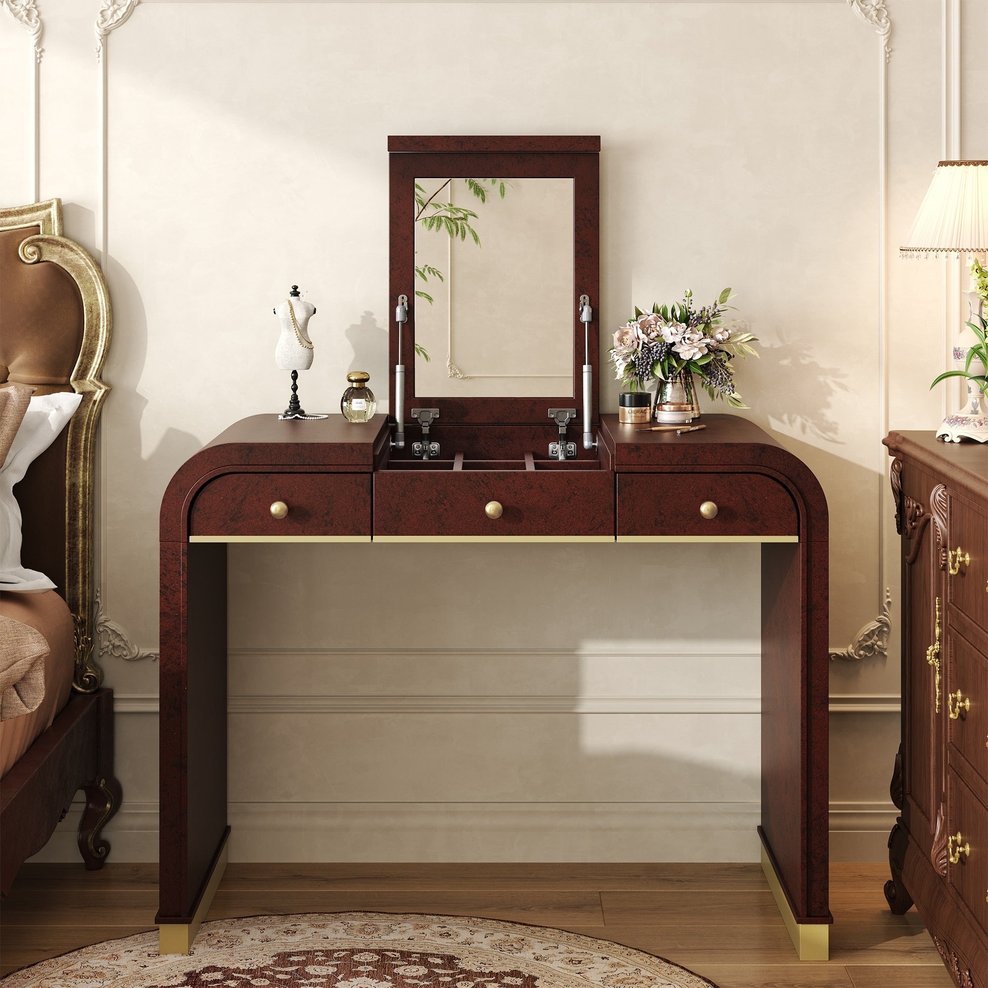 Classic Wood Vanity Desk With Flip Mirror 3 In 1 Dressing Table With 2 Drawers And Storage Space For Bedroom