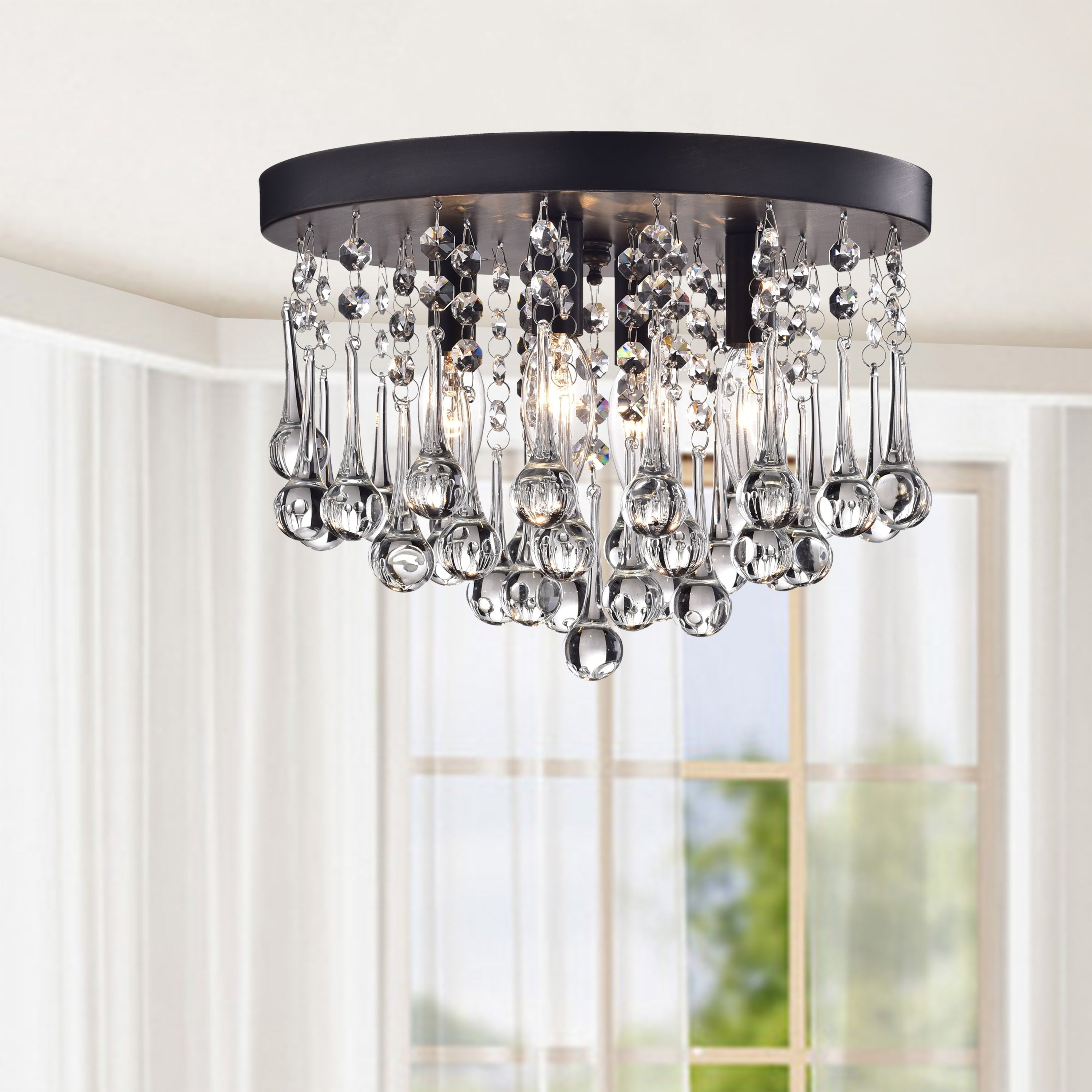 Claudia 4 Light Black Flush Mount With Clear Crystal Drops