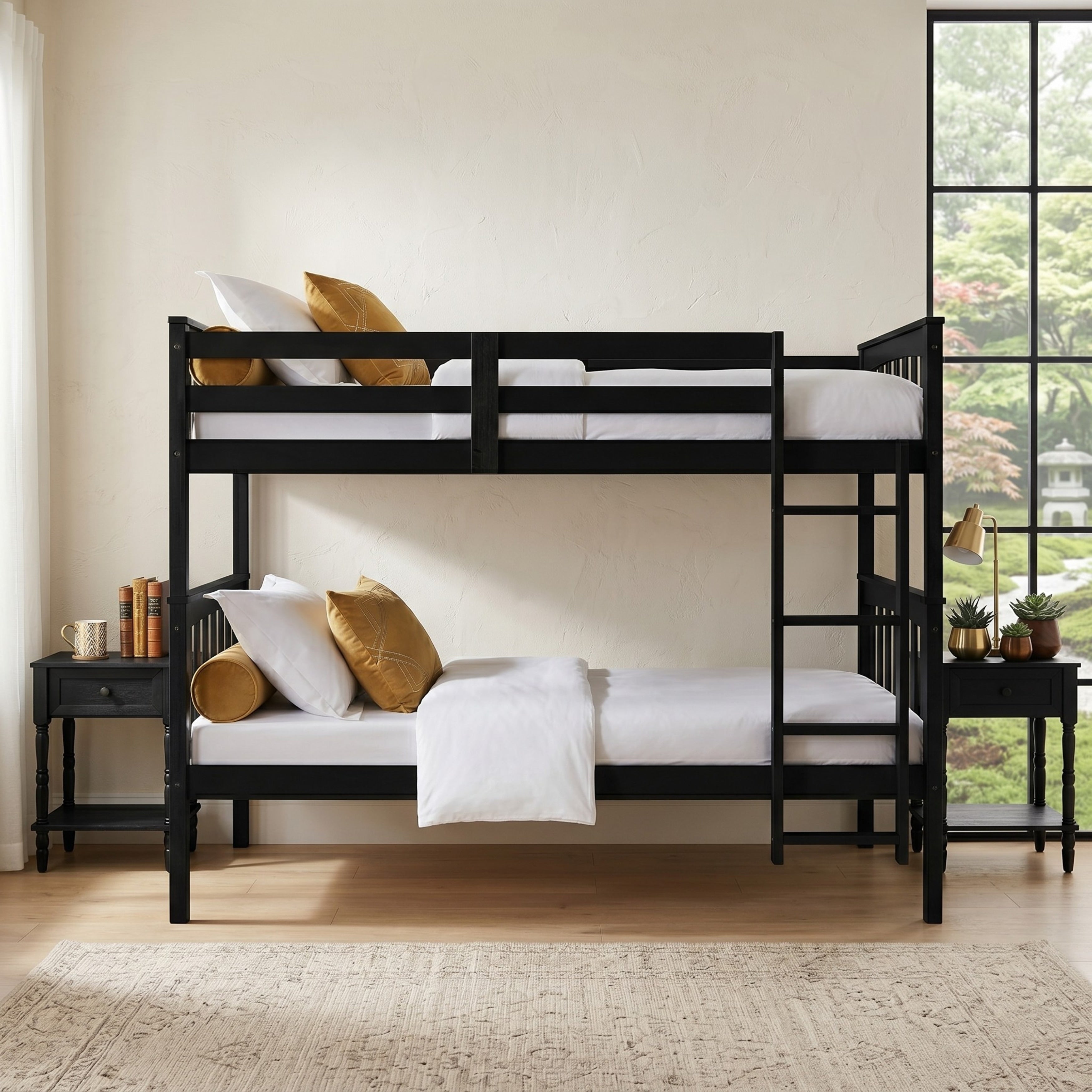 Clayfell Ames Twin Over Twin Solid Wood Bunk Bed With 2 Ruston Nightstand 3 Piece Space Saving Bedroom Set