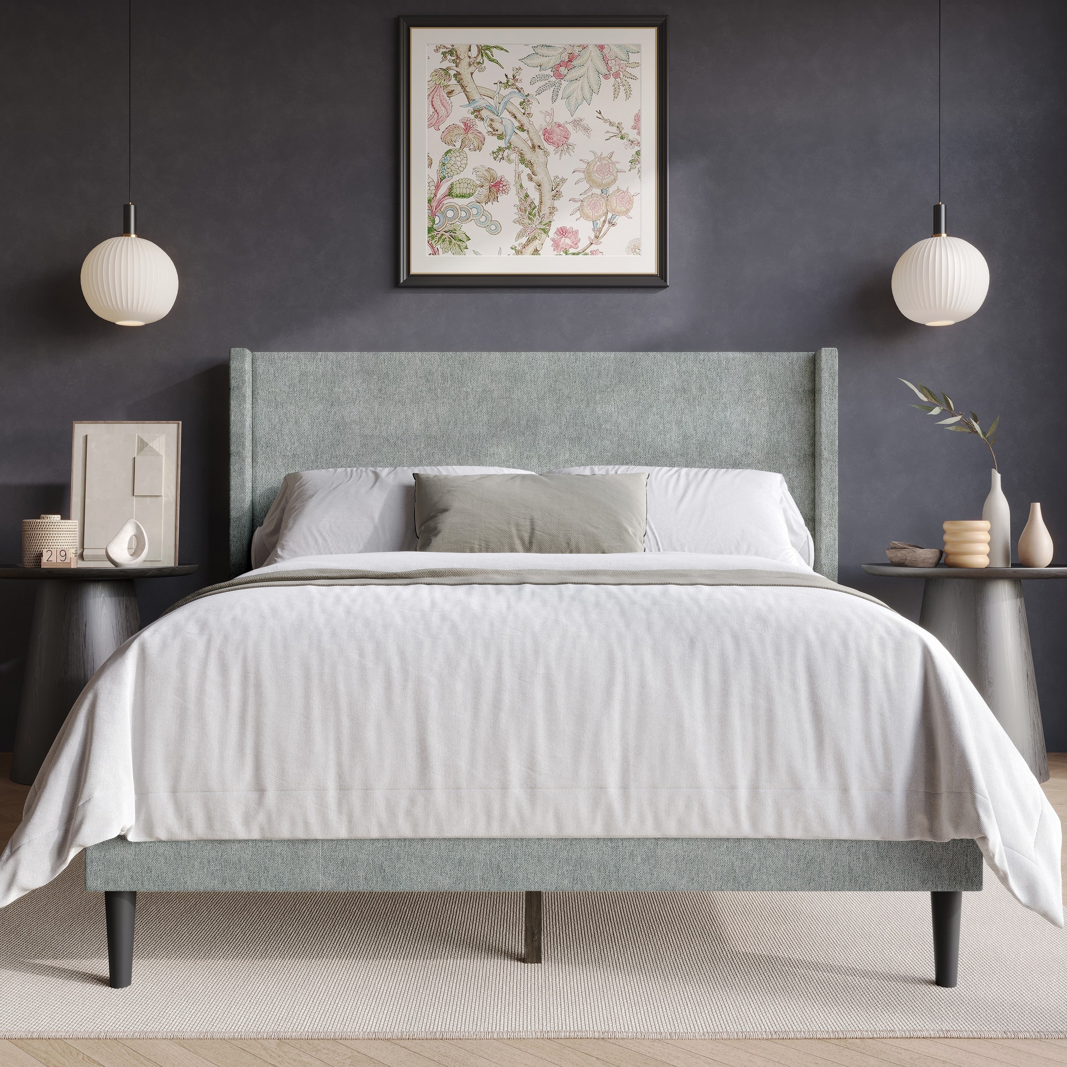 Clayfell Bangor Upholstered Wingback Platform Bed Linen No Box Spring Required