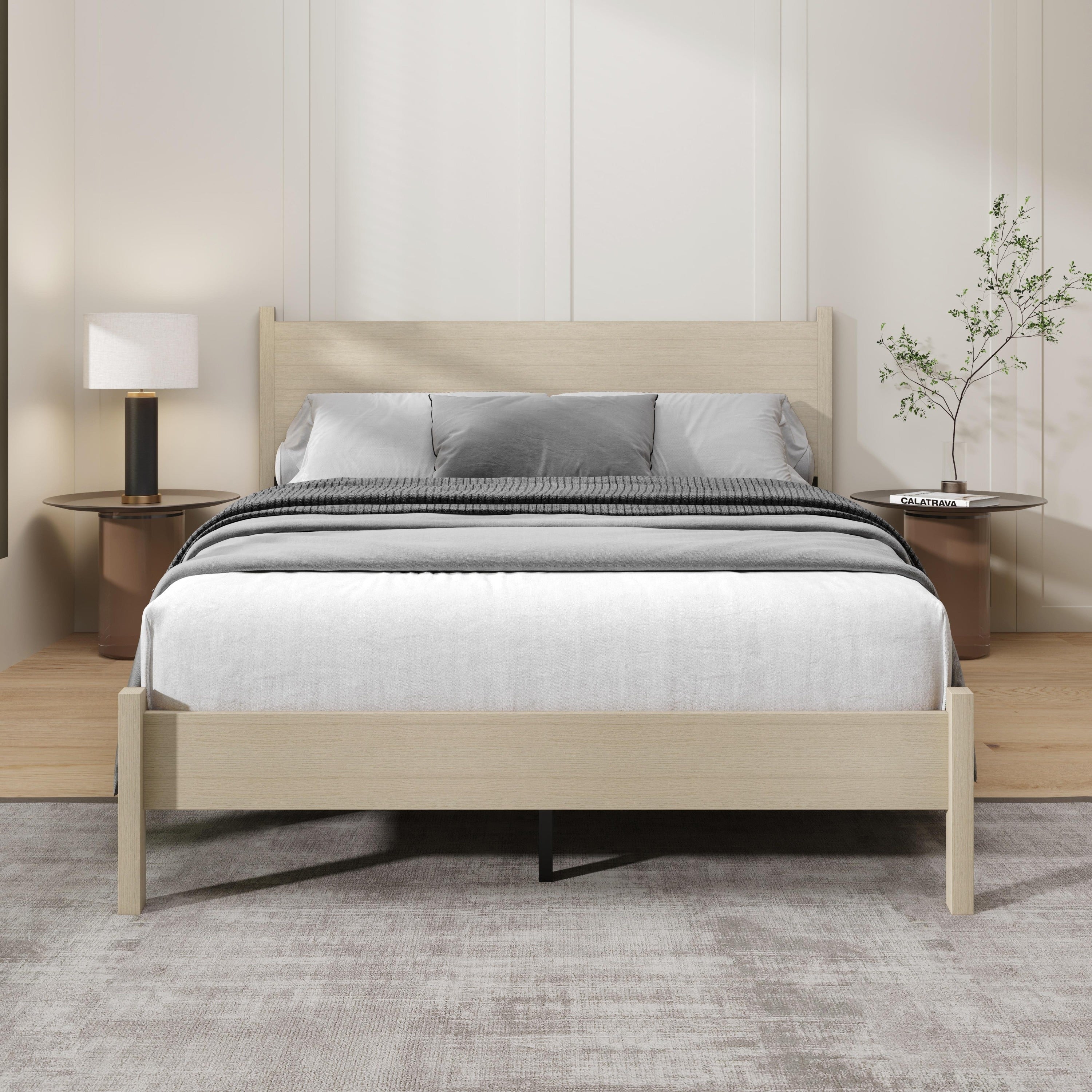 Clayfell Branford Solid Wood Platform Bed Frame With Panel Headboard And Full Slat Support