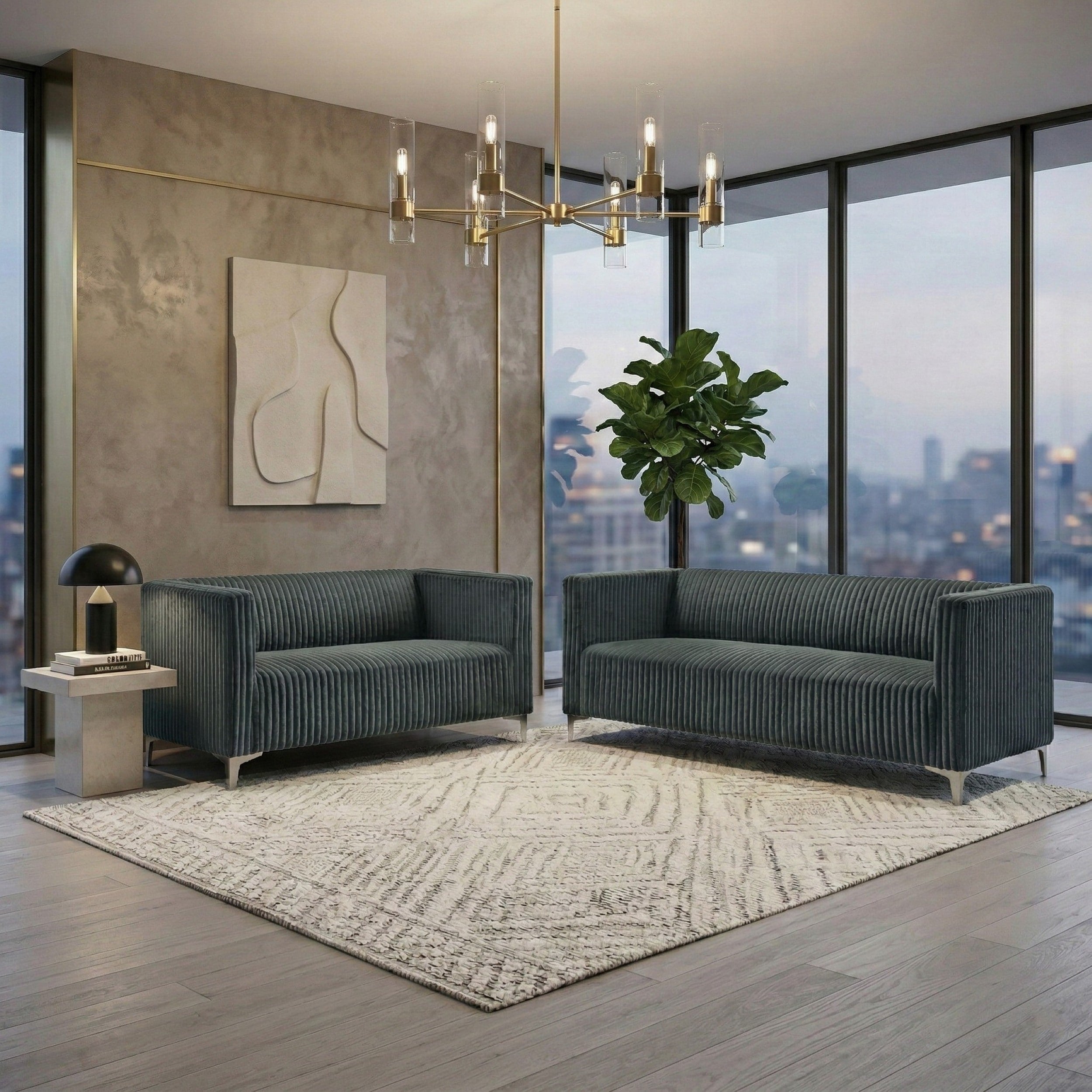 Clayfell Gavin 2 Piece Velvet Living Room Set With Loveseat And Sofa Square Arm Design Channel Tufted Upholstery