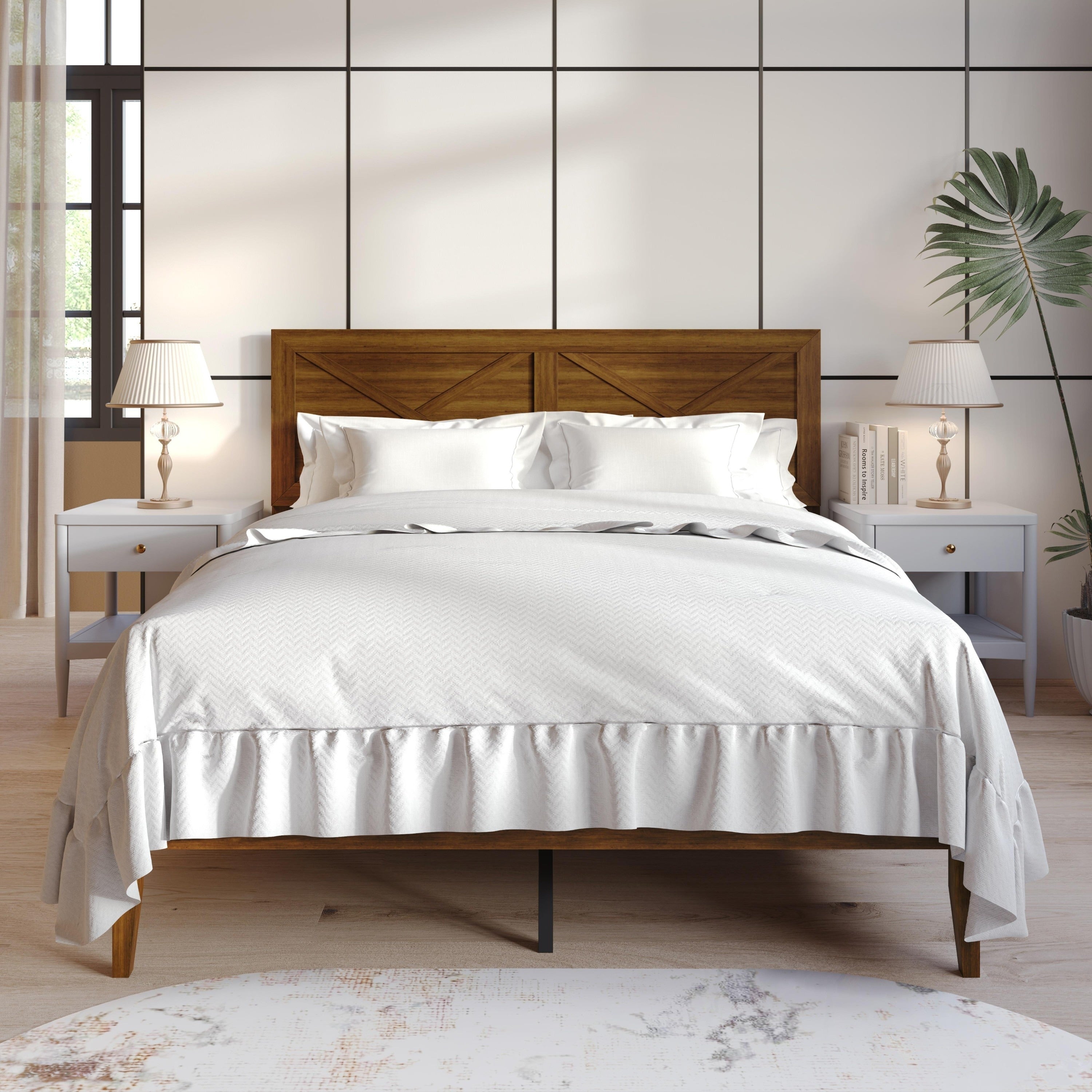 Clayfell Oxnard Solid Wood Platform Bed Frame With X Pattern Headboard And Full Slat Support System