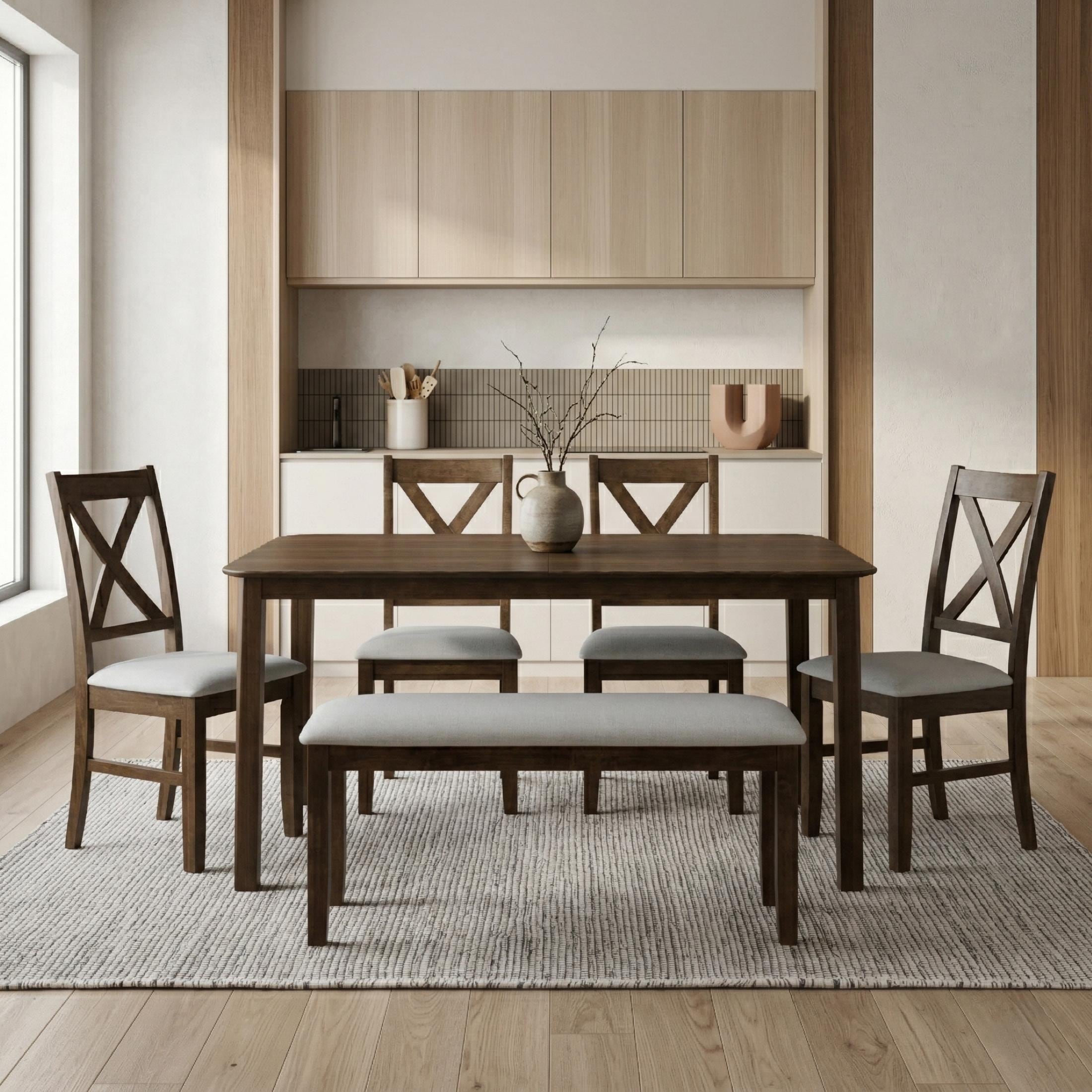 Clayfell Vinita 6 Piece Dining Set With Rectangular Table Cross Back Chairs And Bench