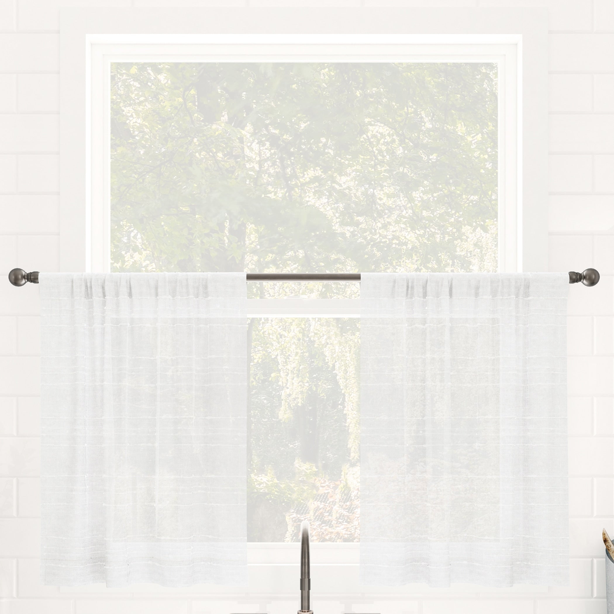 Clean Window Textured Slub Stripe Anti Dust Linen Blend Sheer Cafe Curtain Pair