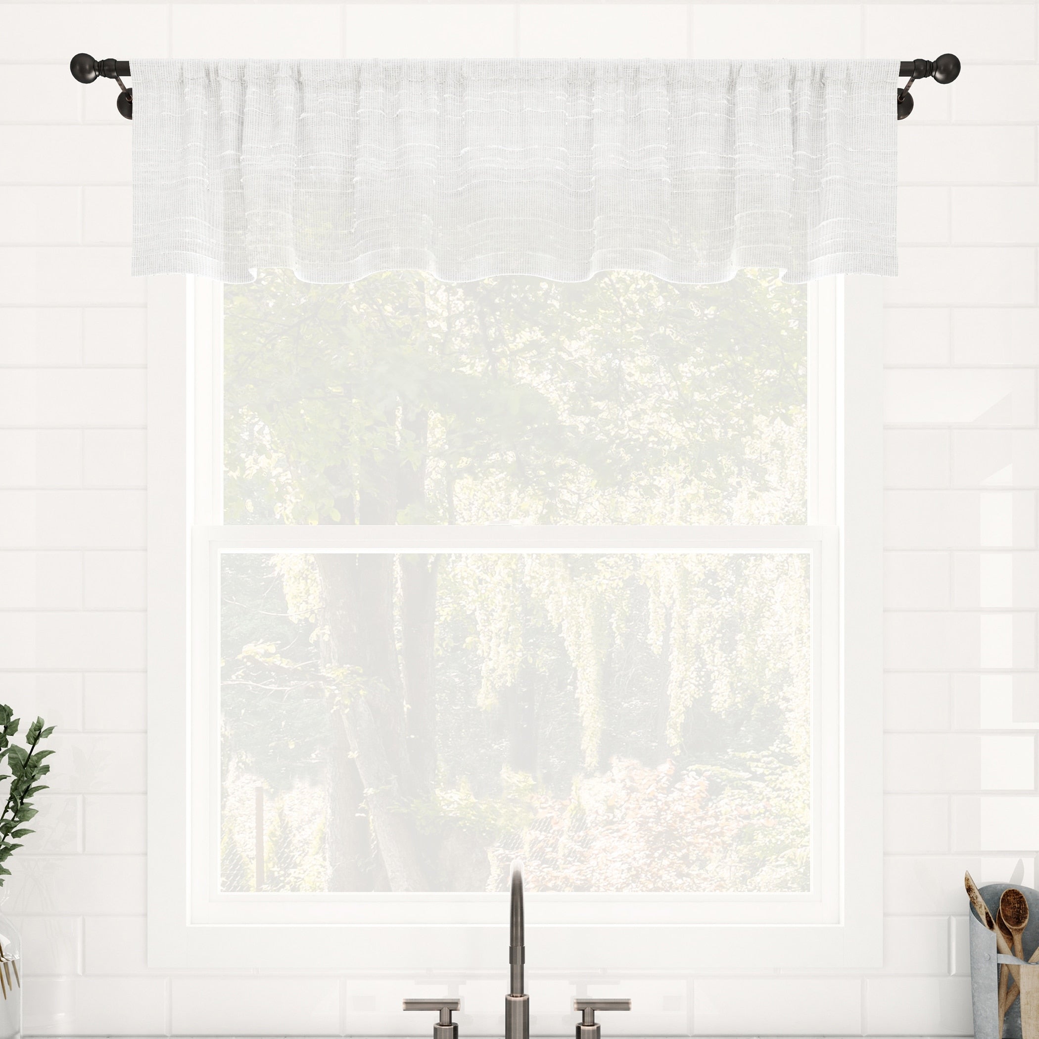 Clean Window Textured Slub Stripe Anti Dust Linen Blend Sheer Cafe Curtain Valance