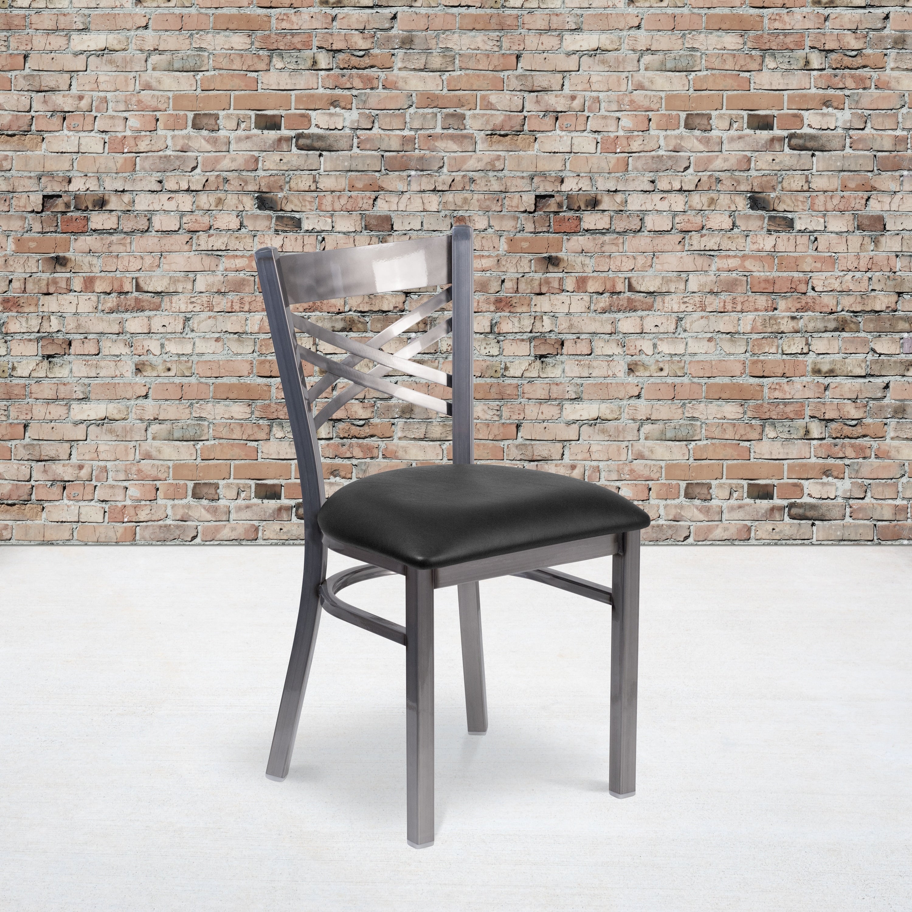 Clear Coated X Back Metal Restaurant Chair 16.5 W X 17 D X 32.25 H