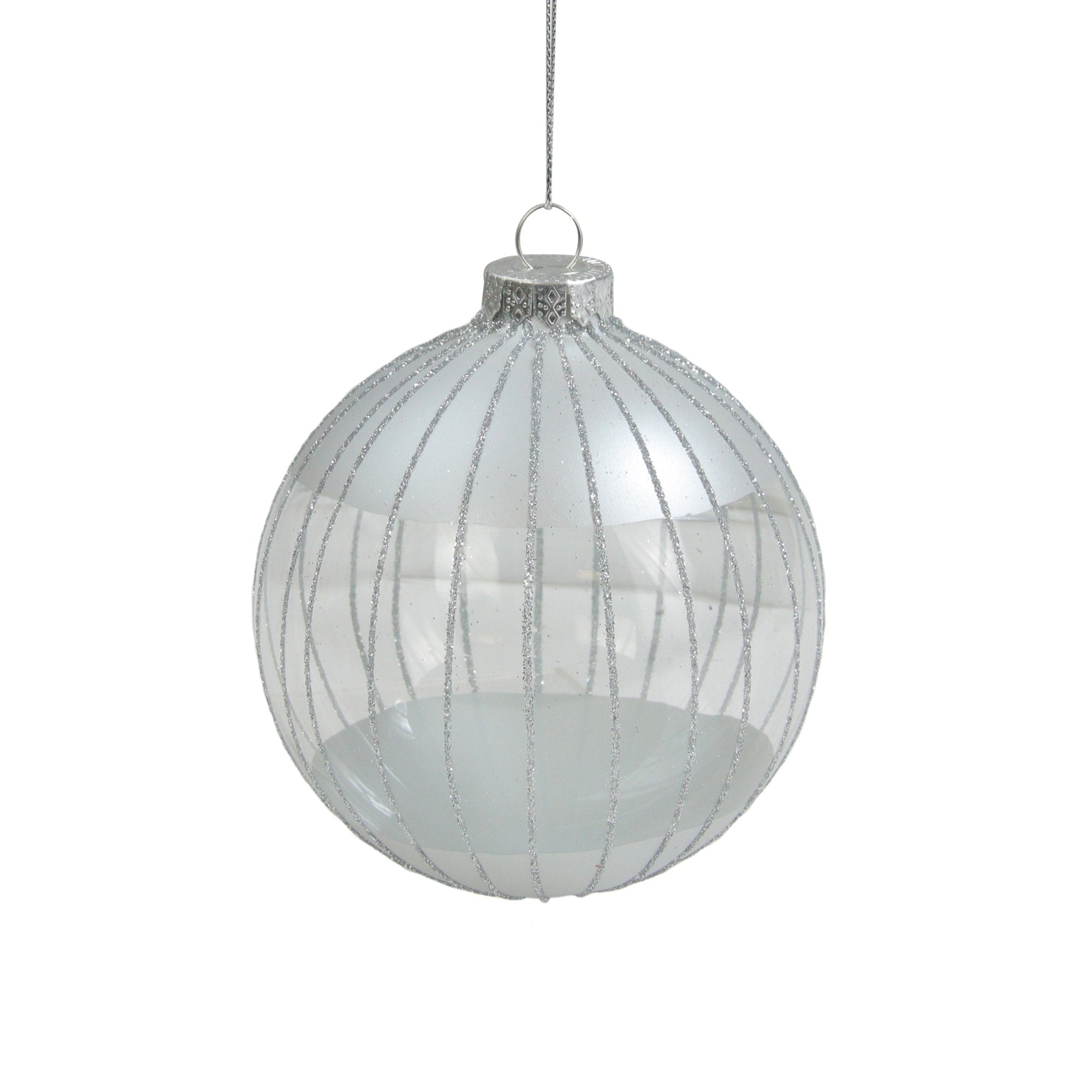 Clear And Silver Glitter Striped Glass Ball Christmas Ornament 4 100Mm N A