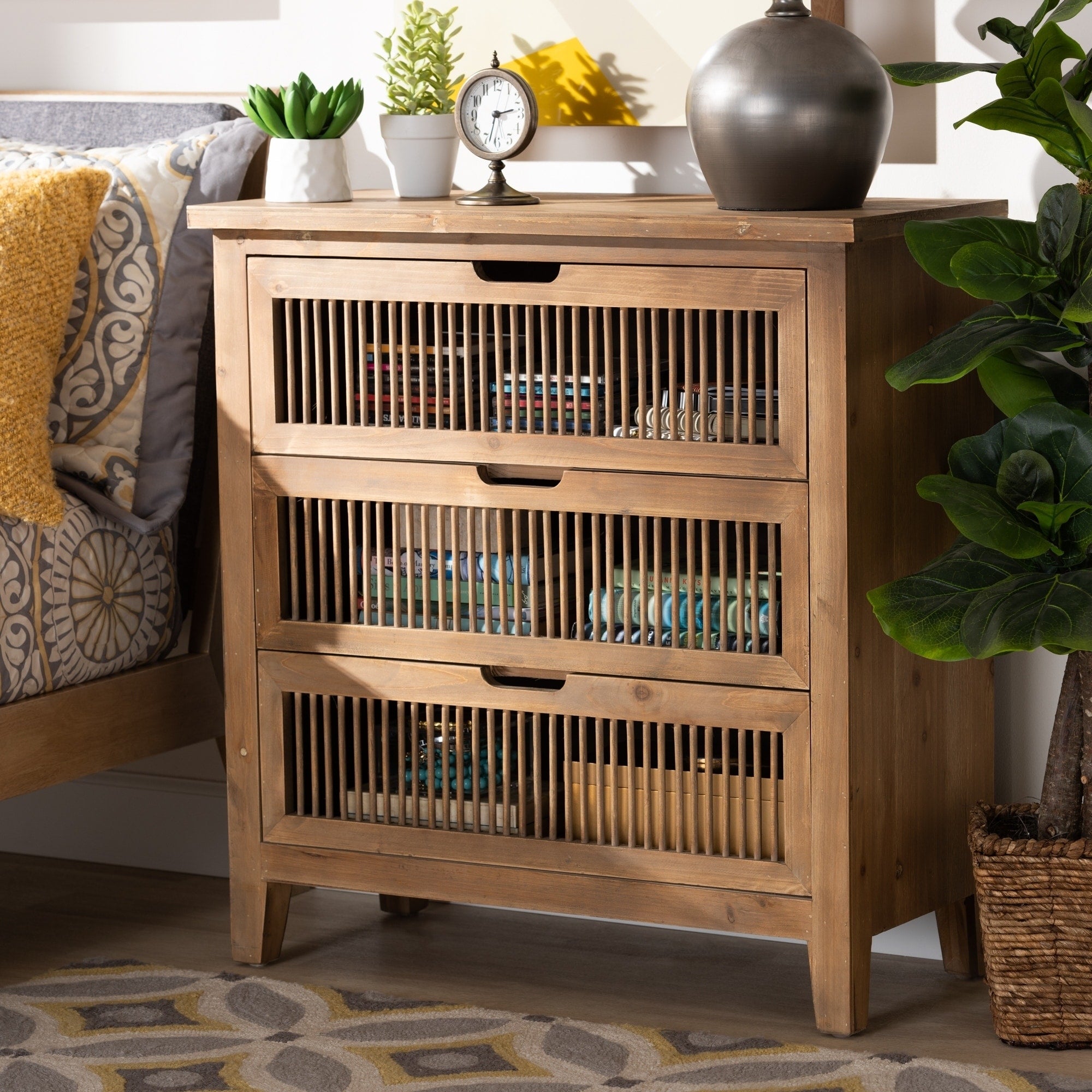 Clement Rustic Transitional Oak Finished 3 Drawer Storage Cabinet