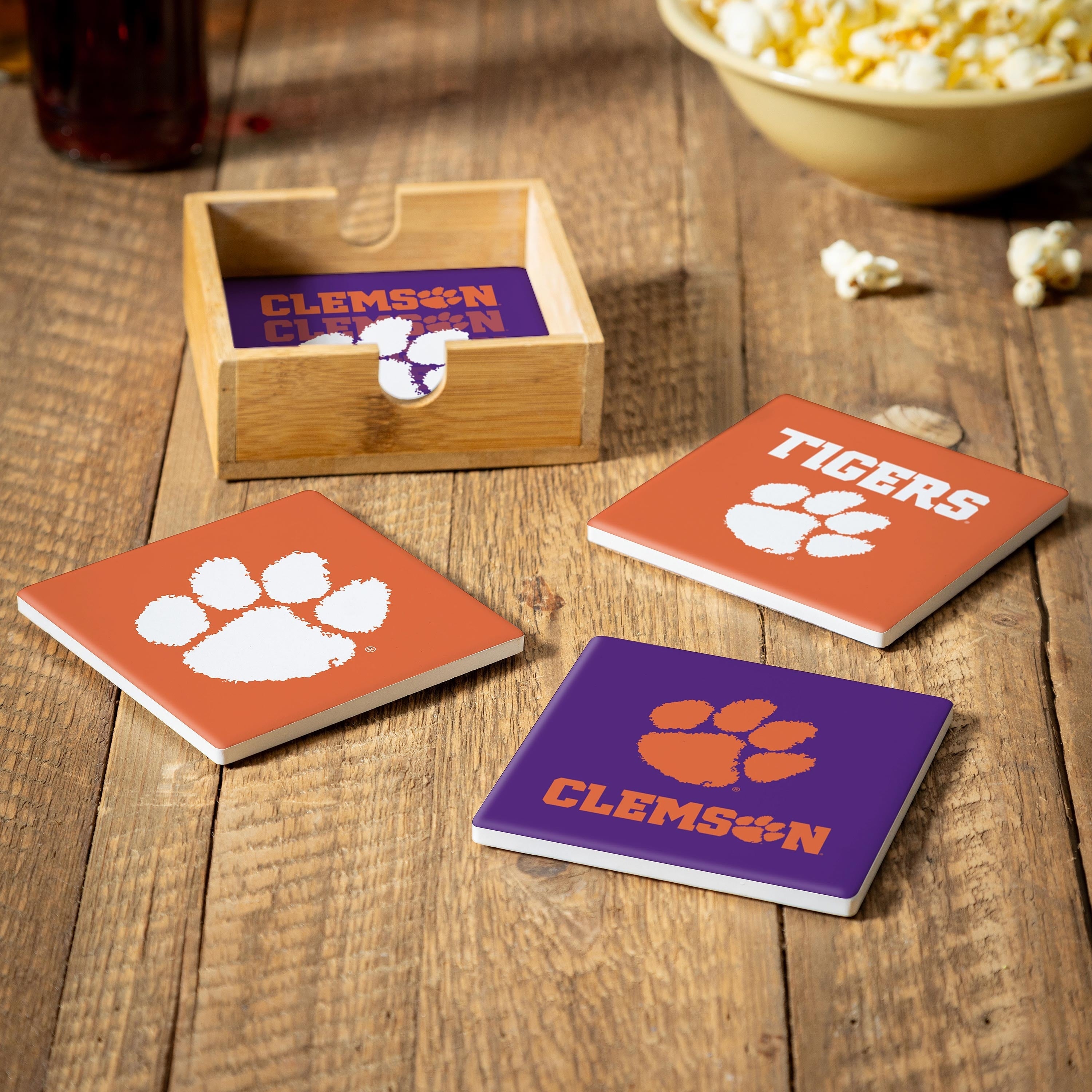 Clemson University 4 Piece Ceramic Coasters Set With Wood Caddy
