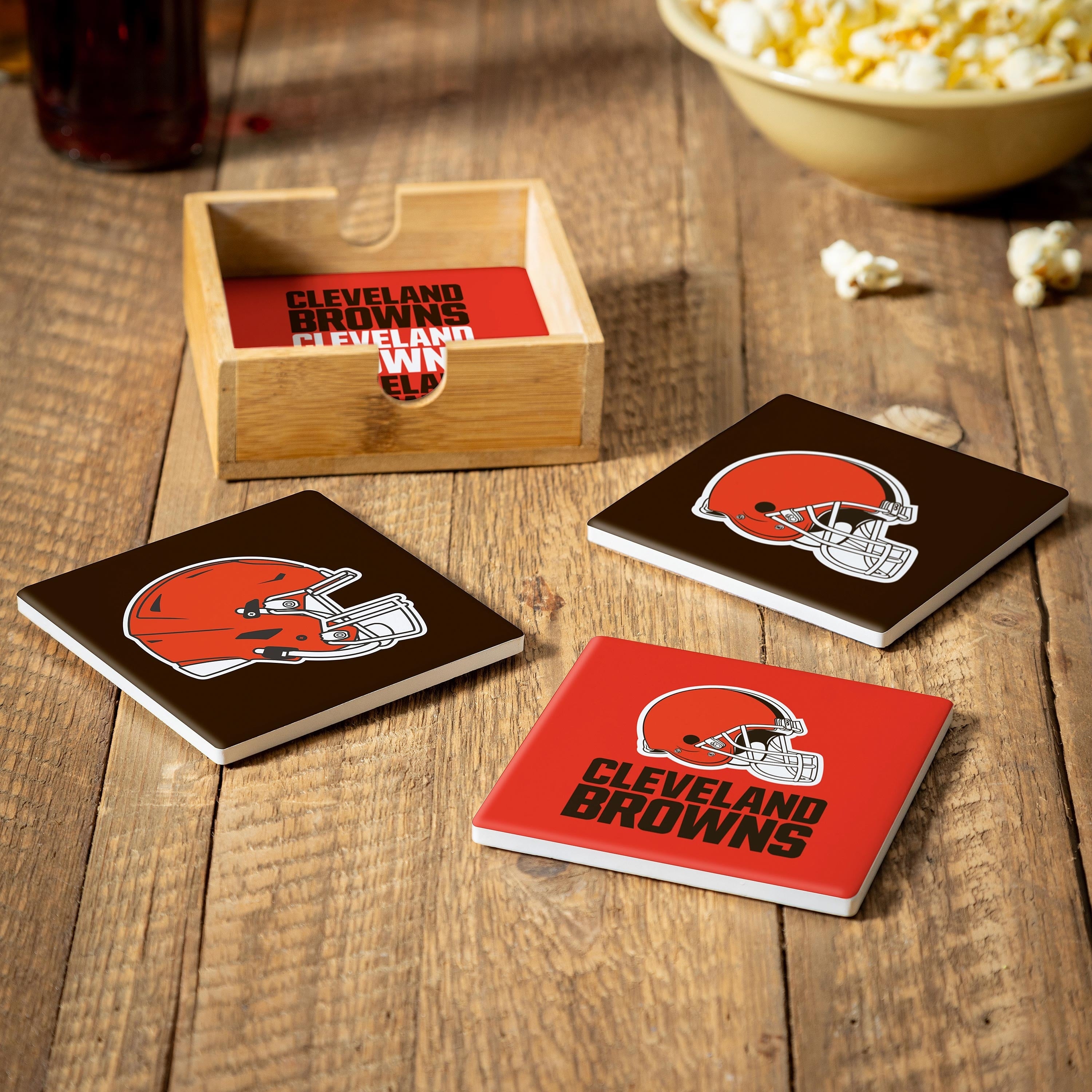 Cleveland Browns 4 Piece Ceramic Coasters Set With Wood Caddy