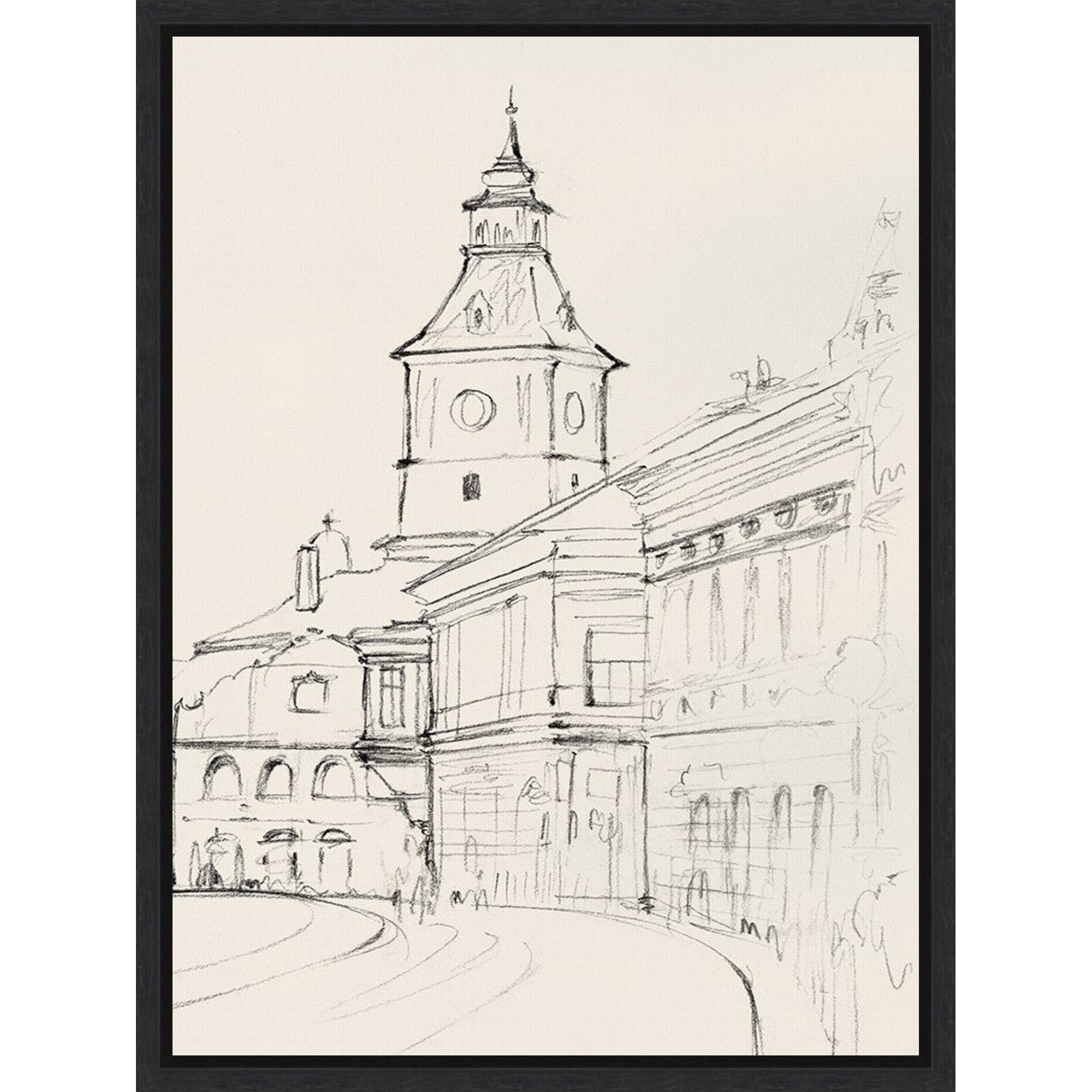 Clock Tower In Quiet Street By Pi Studio Framed Canvas Wall Art