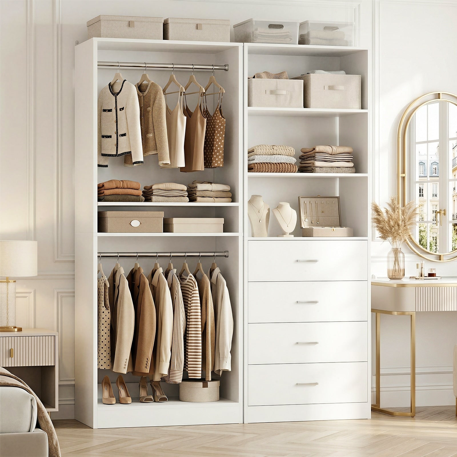 Closet System With Wooden Drawers And Hanging Rods Wardrobe Closet Organizer With Adjustable Shelves