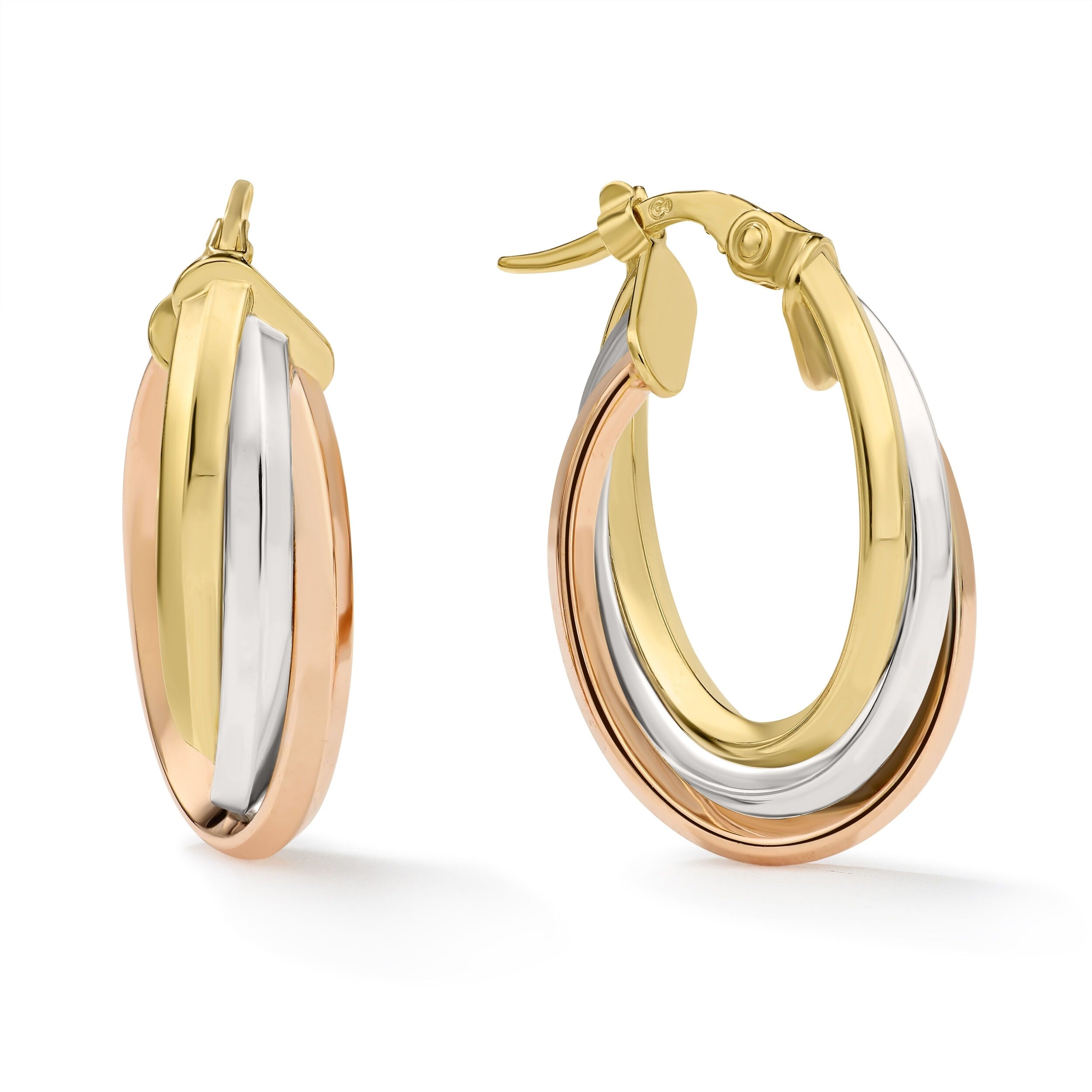 Clover 14K Tri Color Gold High Polish Triple Row Overlapping Hoop Earrings