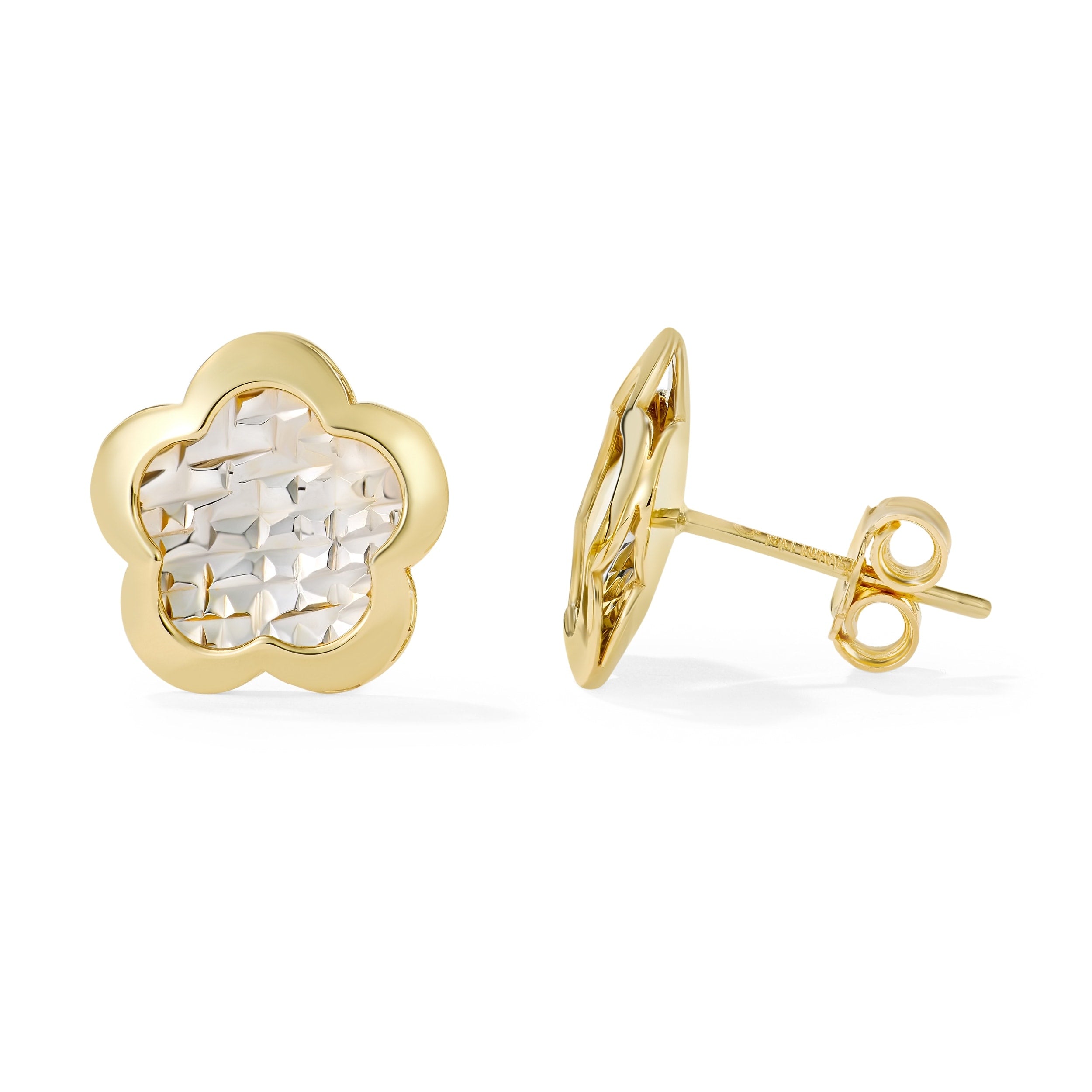 Clover 14K Two Tone Gold Diamond Cut Flower Stud Earrings
