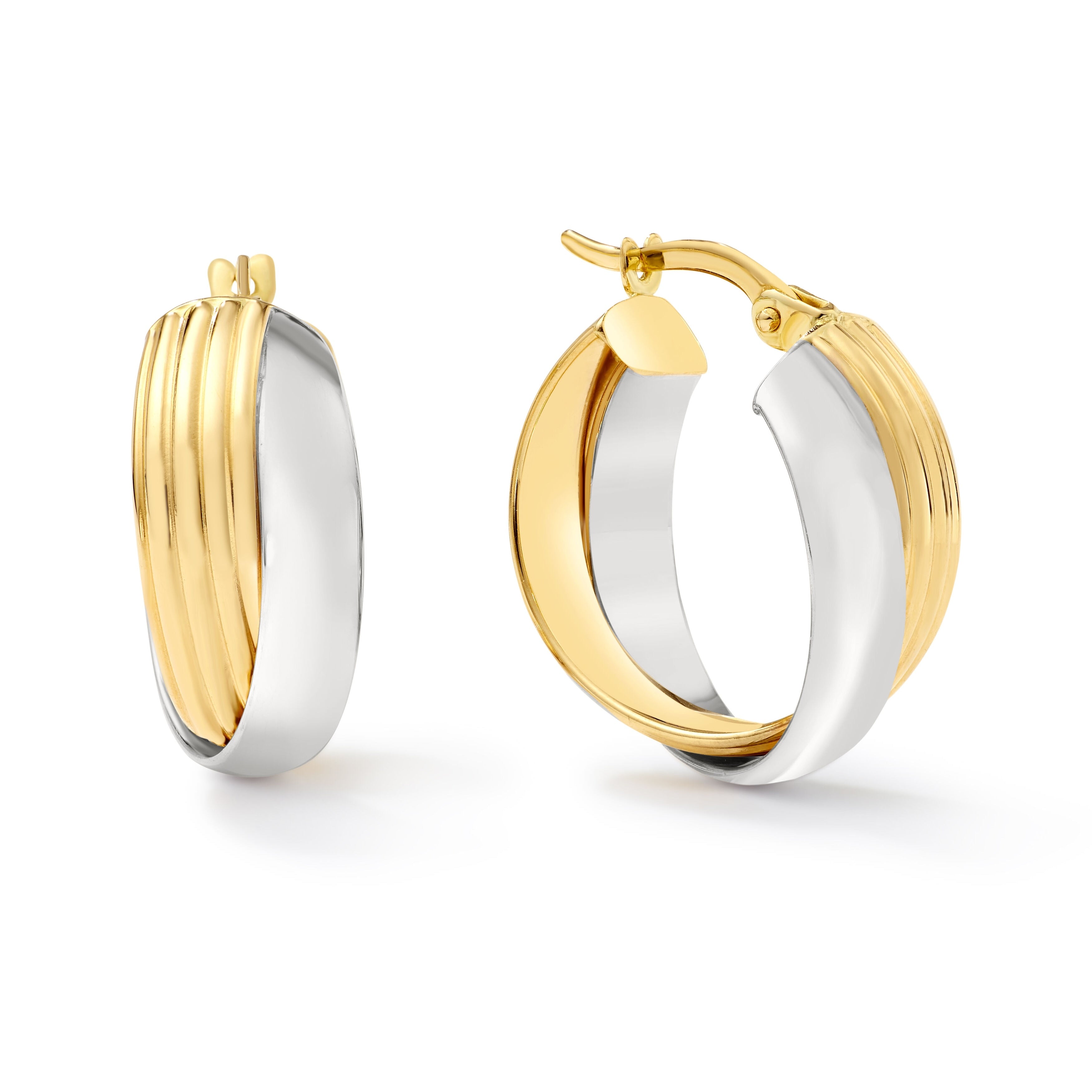 Clover 14K Two Tone Gold Ribbed Hoop Earrings