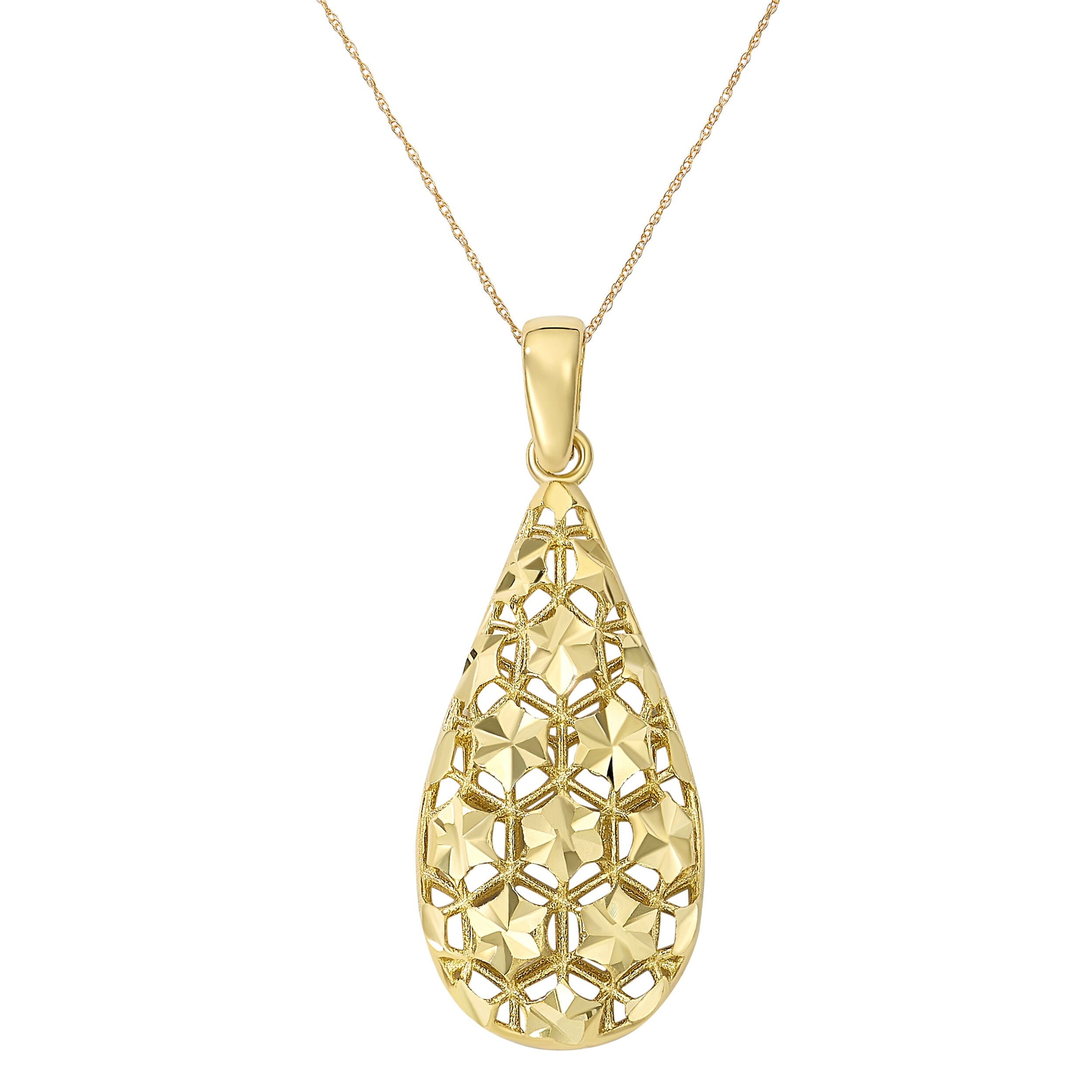 Clover 14K Yellow Gold Diamond Cut Openwork Teardrop Pendant